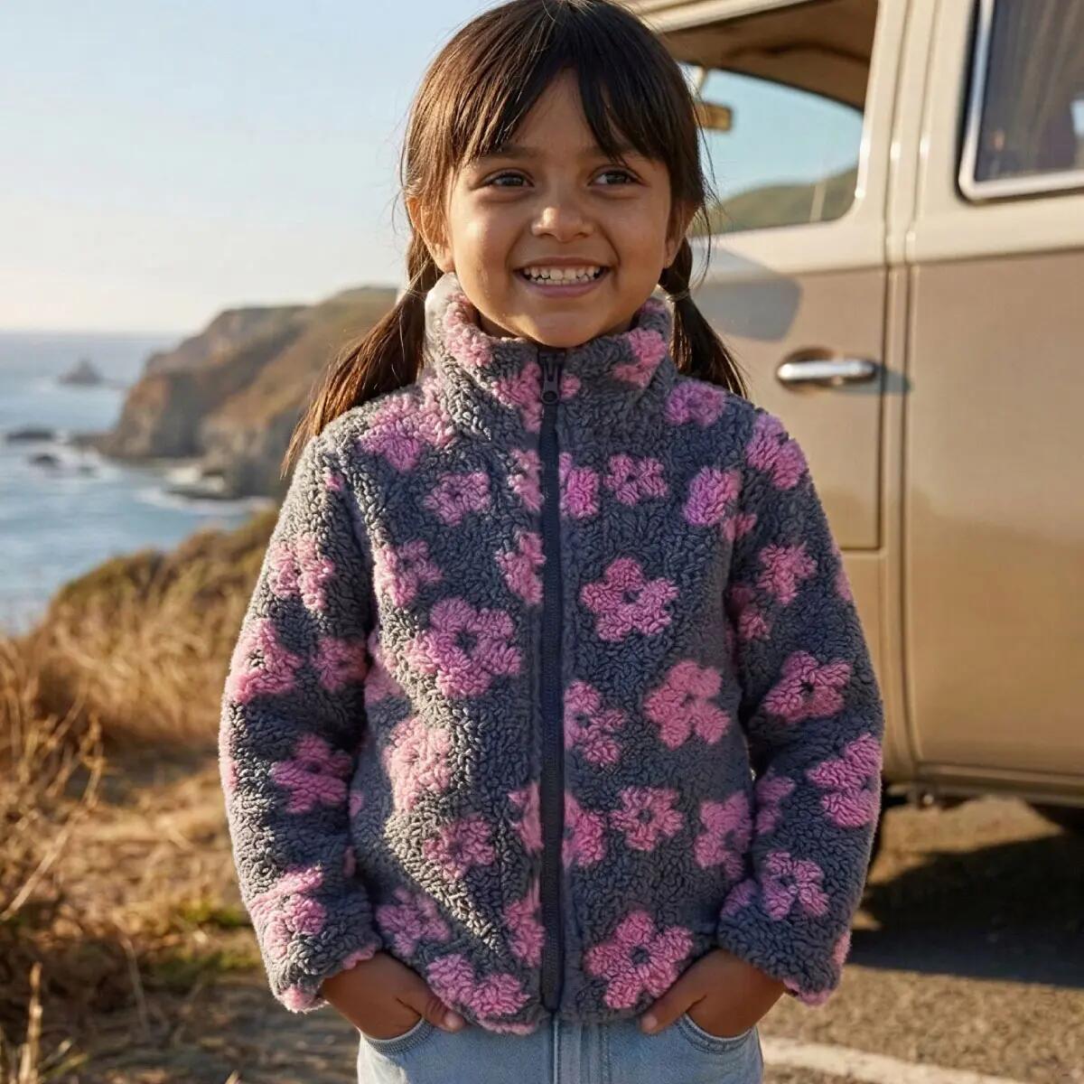 Criança Casaco fleece quente com fecho Flores rosa 4/4
