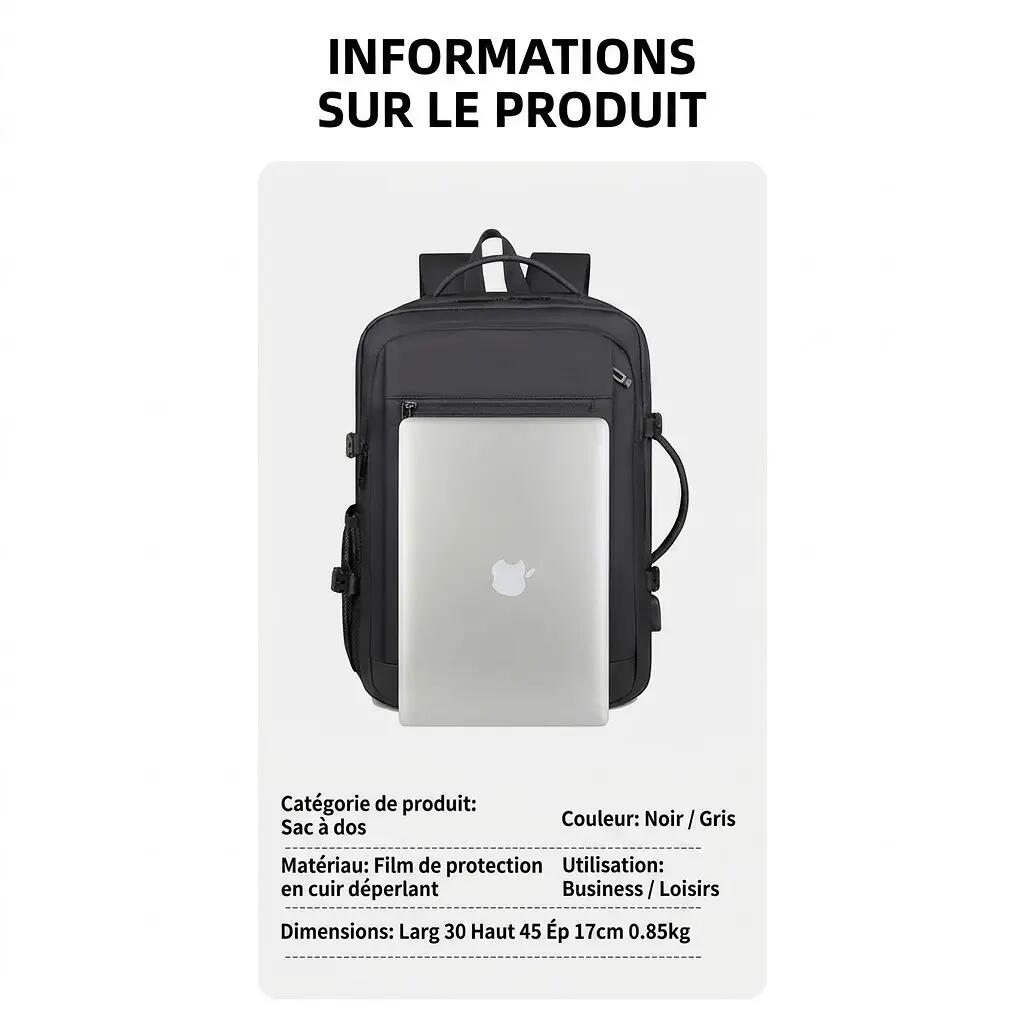 Sac à dos de travail léger pour homme 2-en-1 23 L 30x45x17 cm - Gris 4/8