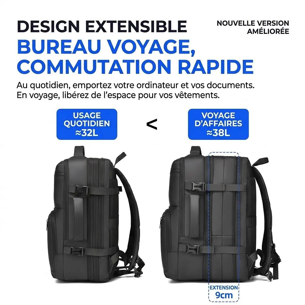 Sac à dos ordinateur extensible 32-38 L 30x45x19 cm - Noir 2/11