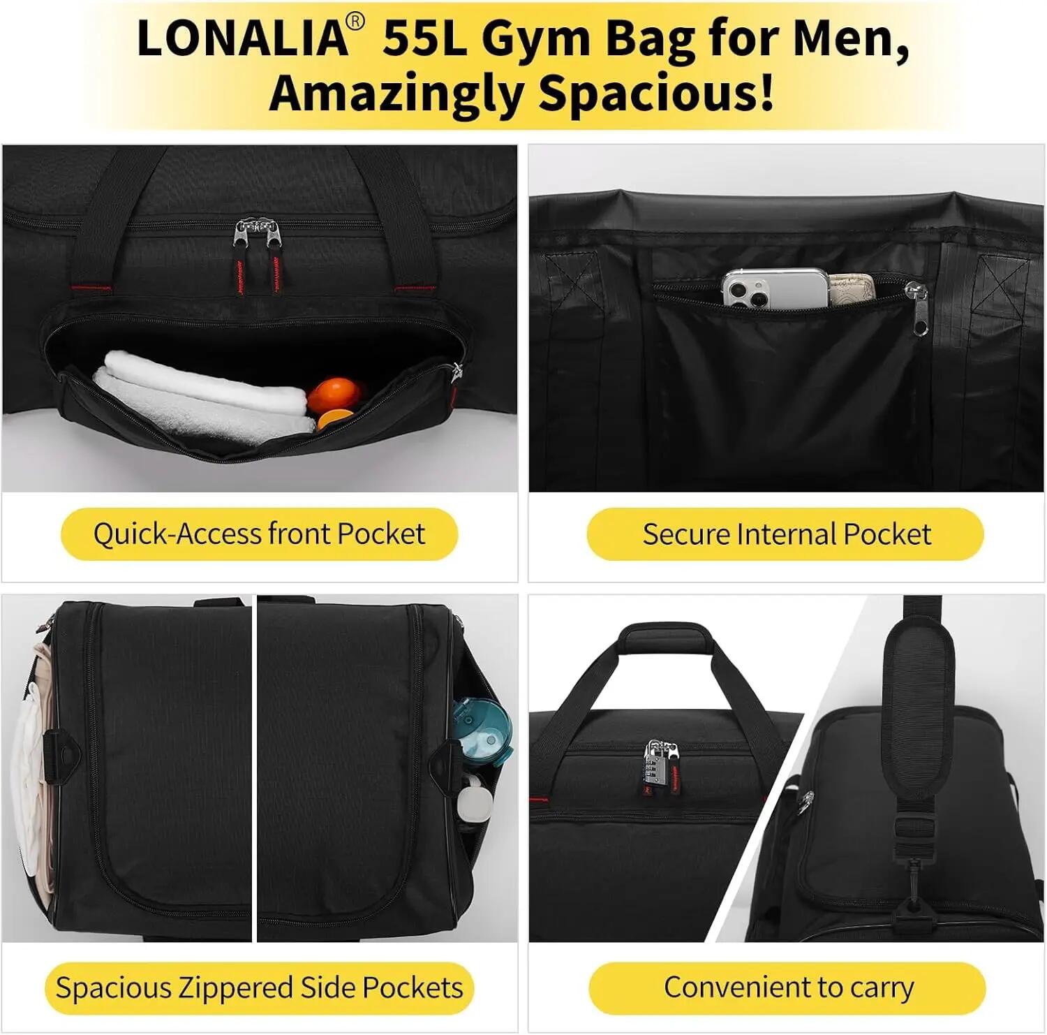 55L Grand Sac de Sport Homme - Sac de Fitness Homme, Sac de Voyage pour 3/6