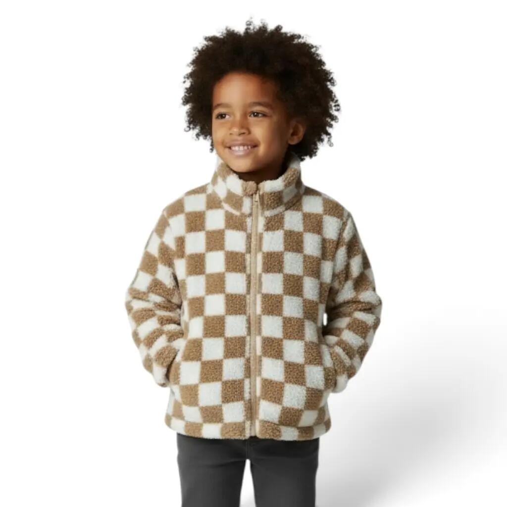 Criança Casaco fleece quente com fecho Quadrados bege 3/4