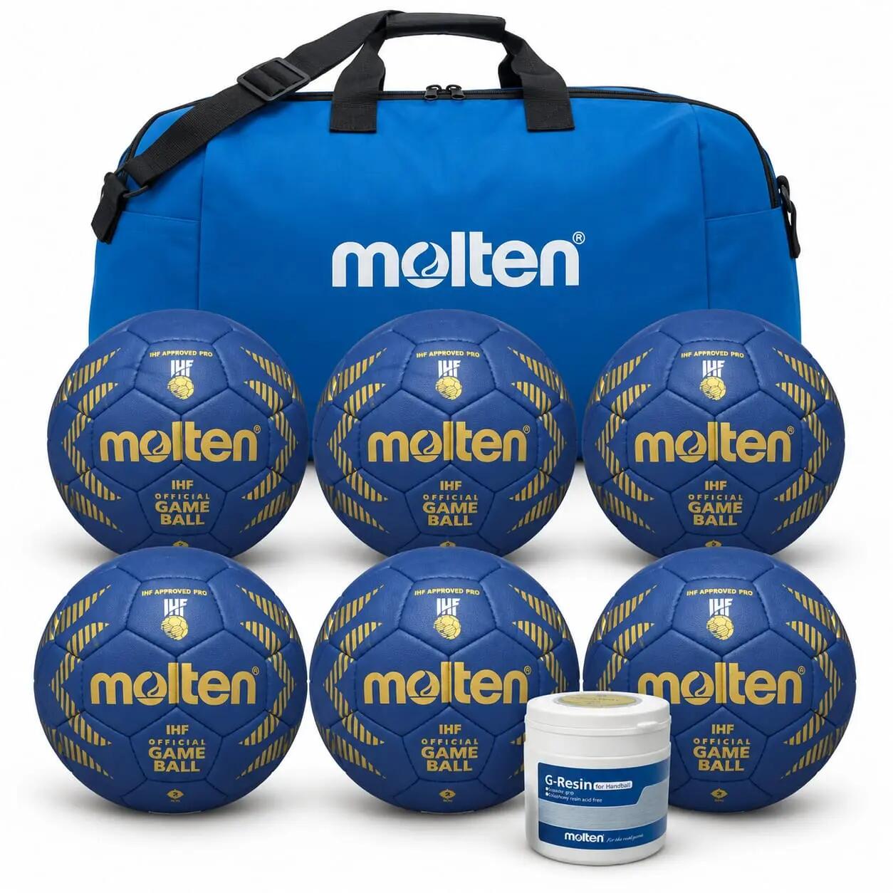 Pachet 6 mingi handbal Molten 5000 IHF, marime 2, geanta, clister 500 ml