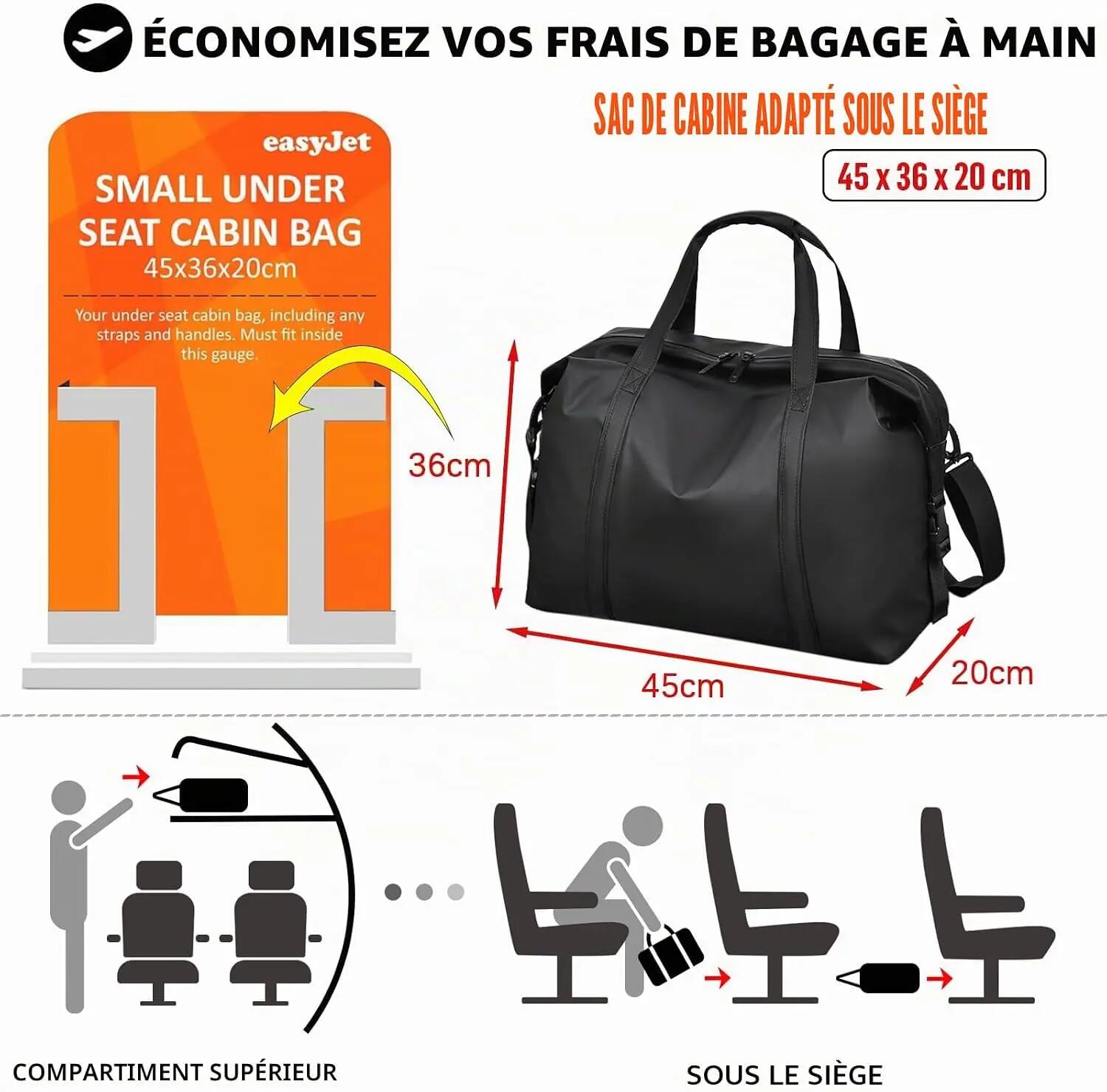 Sac de Voyage Bagage Cabine 45x36x20 Easyjet, Sac Voyage en Cuir PU 3/6