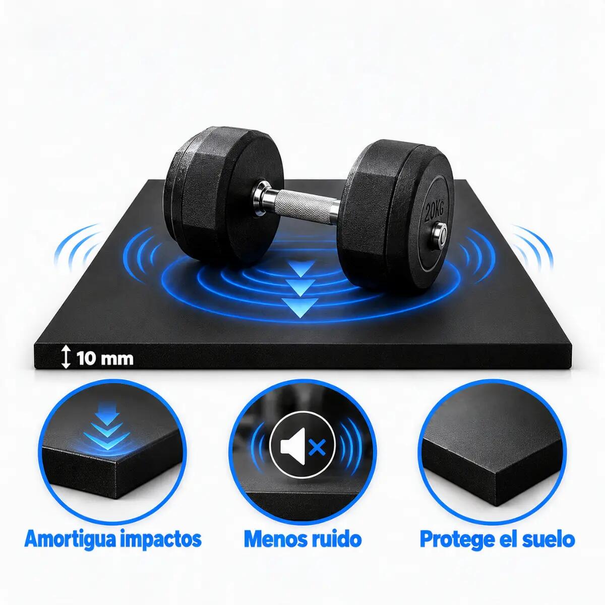 Losetas de Caucho para Gimnasio Pack 12 uds 1x1m x 10mm Negro 3/9
