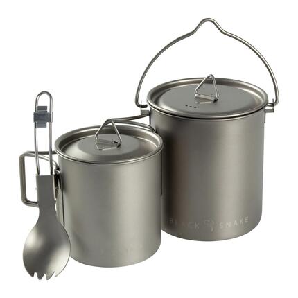 Camping Kochset Titan für Trekking, 2 Töpfe 750 + 420 ml und Göffel 3-teilig
