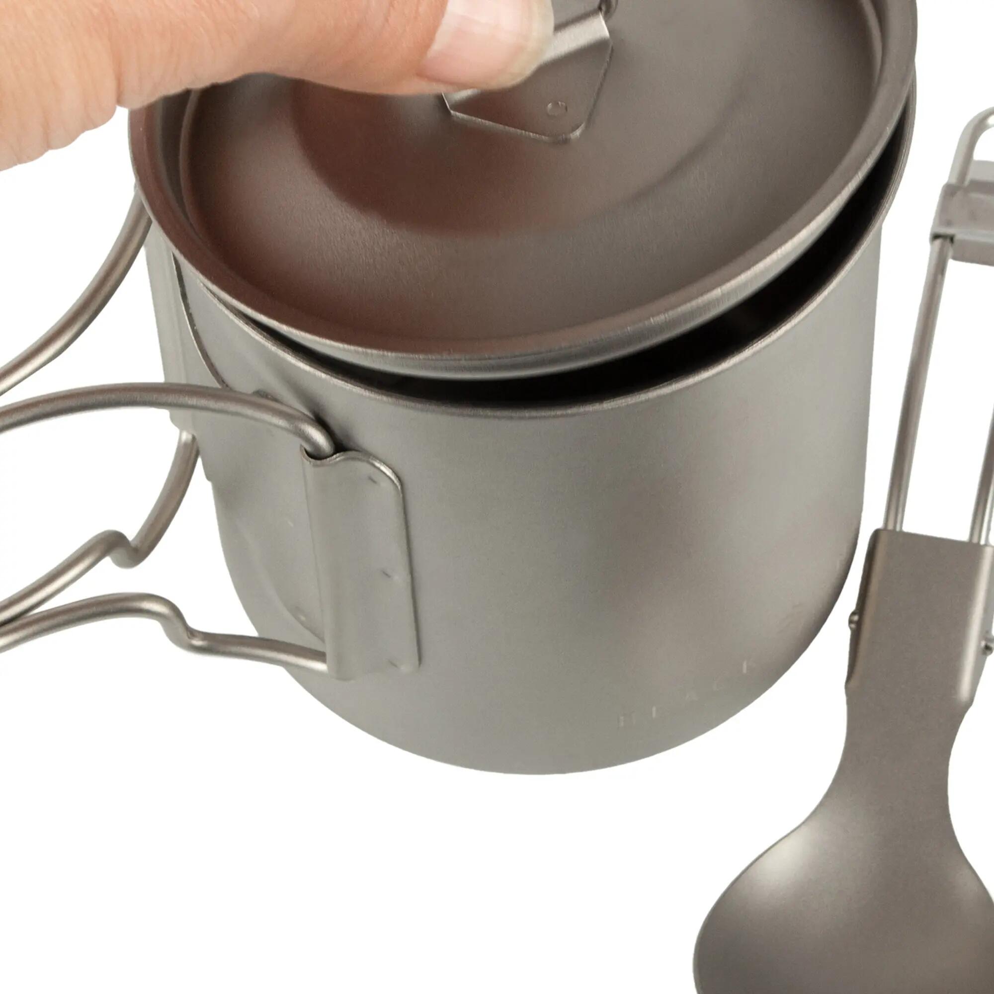 Camping Kochset Titan für Trekking, 2 Töpfe 750 + 420 ml und Göffel 3-teilig 7/7
