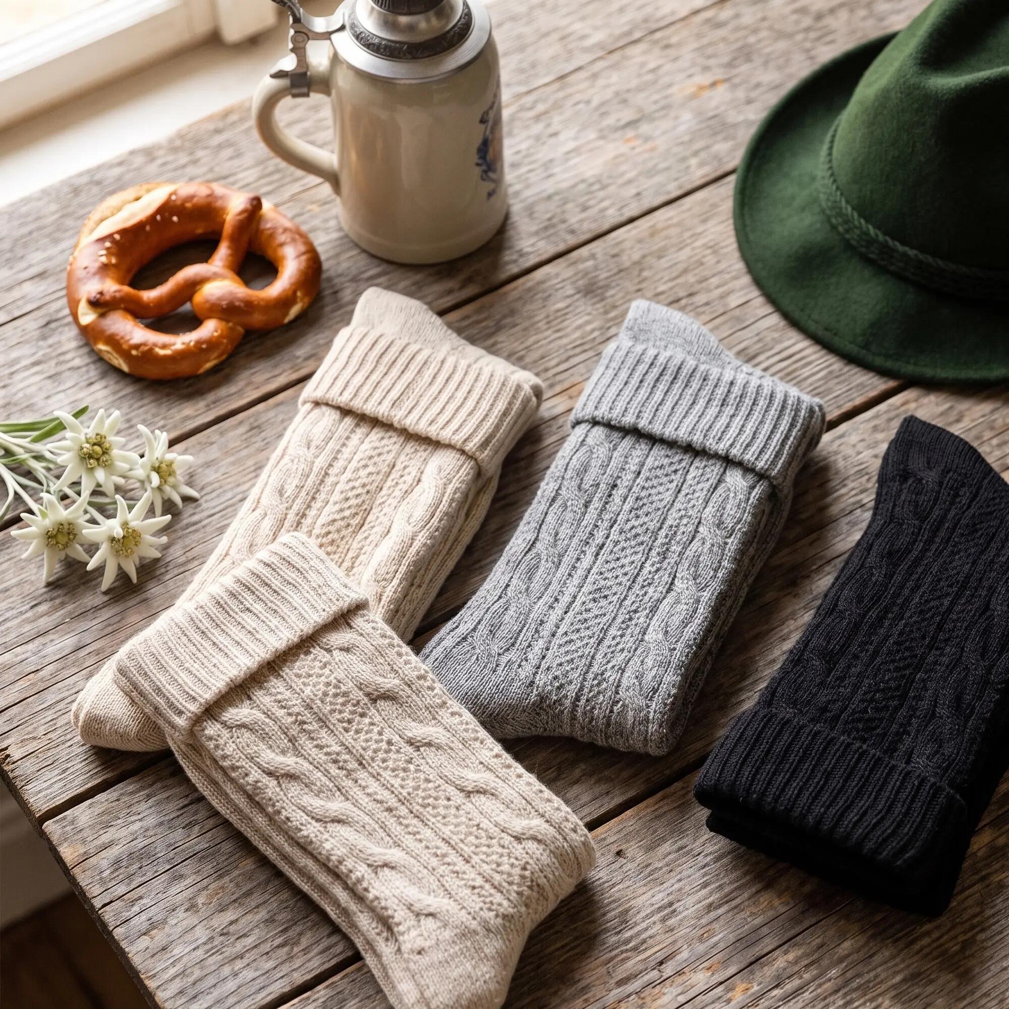 Damen Herren Trachtensocken Kniestrümpfe Zopfmuster Umschlagbund Baumwolle 5/8