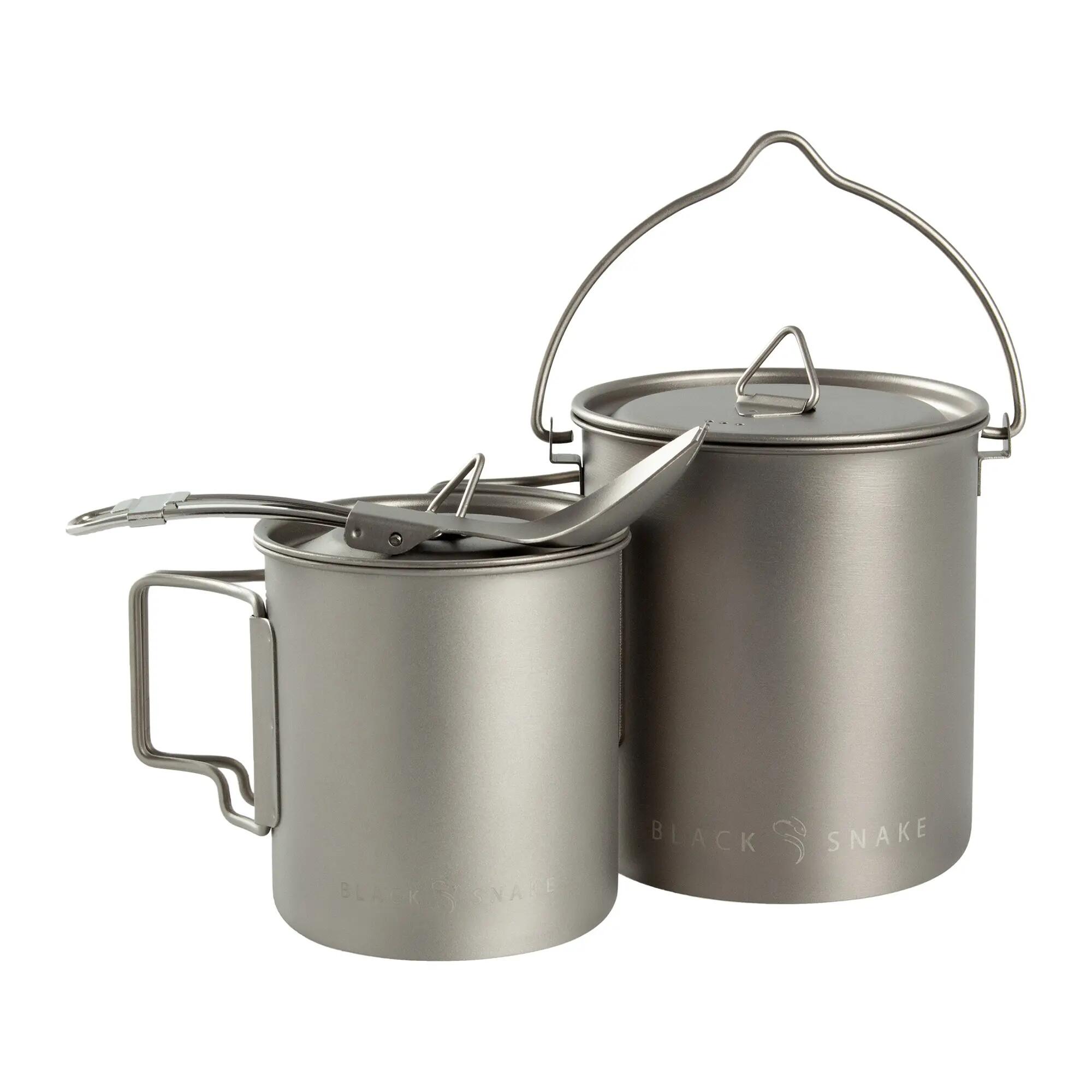 Camping Kochset Titan für Trekking, 2 Töpfe 750 + 420 ml und Göffel 3-teilig 4/7