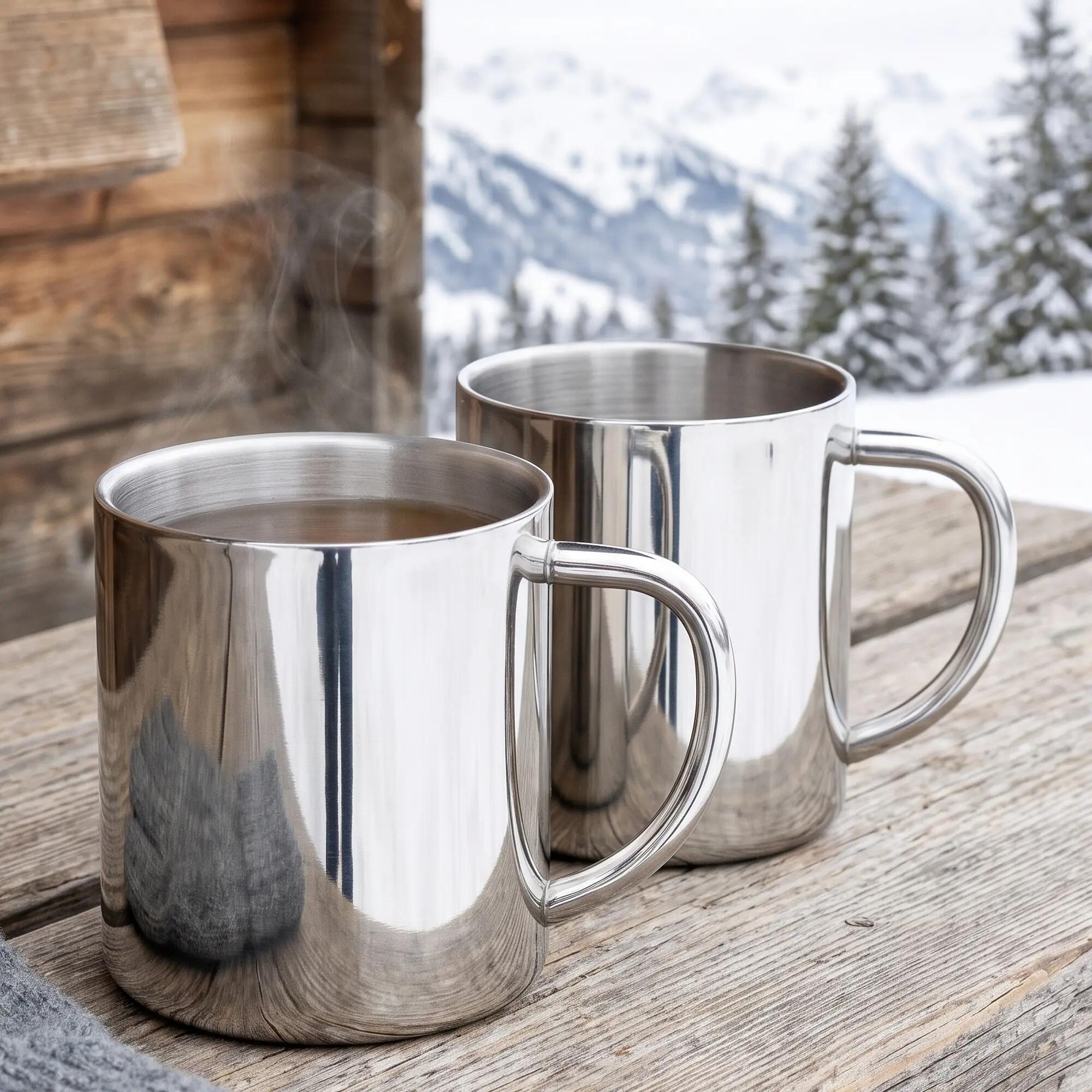 Camping Edelstahlbecher doppelwandig 300 ml mit Griff, Kaffeebecher 2 Stück