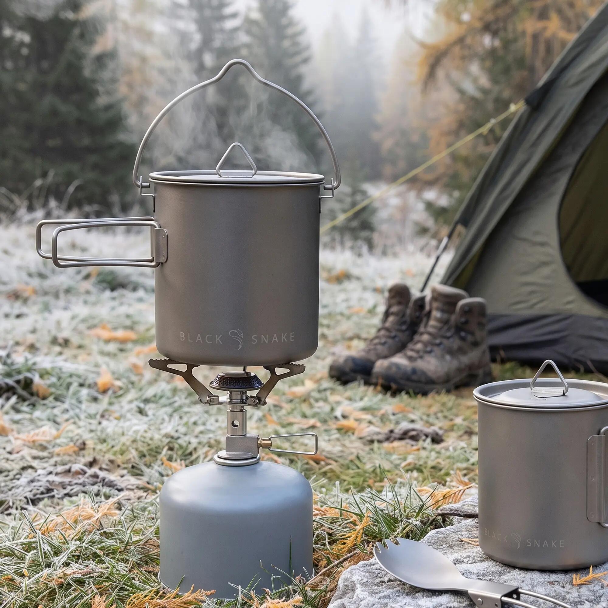 Camping Kochset Titan für Trekking, 2 Töpfe 750 + 420 ml und Göffel 3-teilig 3/7