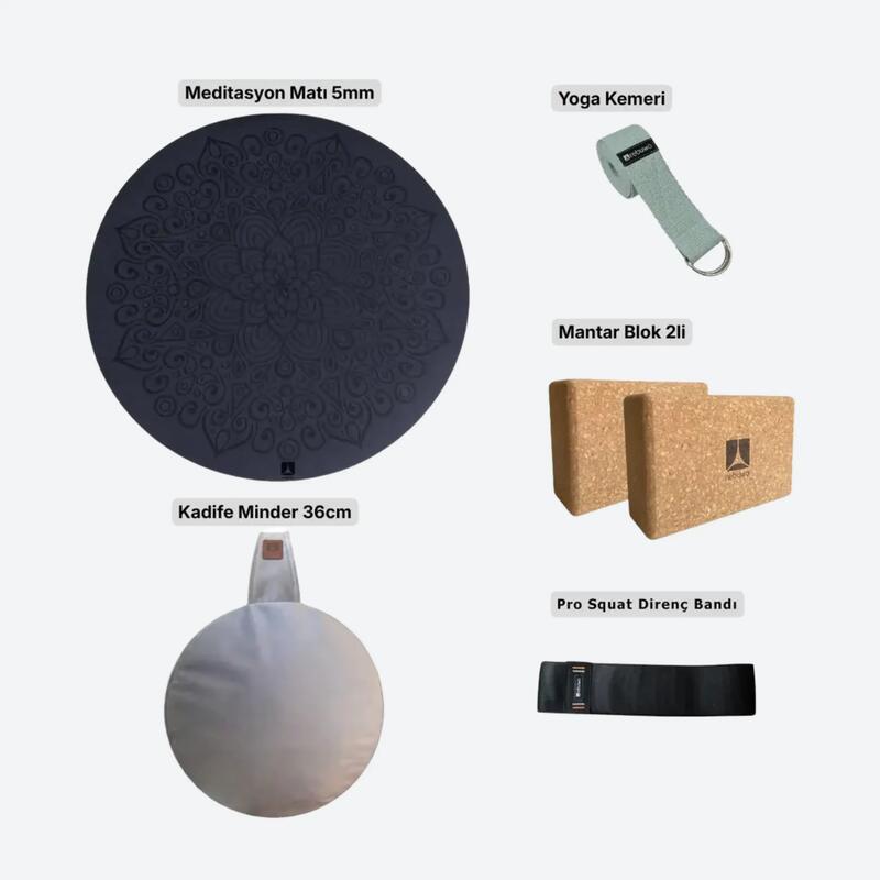Meditasyon ve Yoga Destek Seti - Mat + Kadife Minder + Yoga Kemeri + Mantar Blok + Squat Bandı