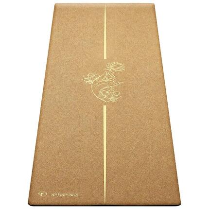 Tapis de yoga caoutchouc & liège 5mmx68cmx1,83m - Main de mudra vieil or