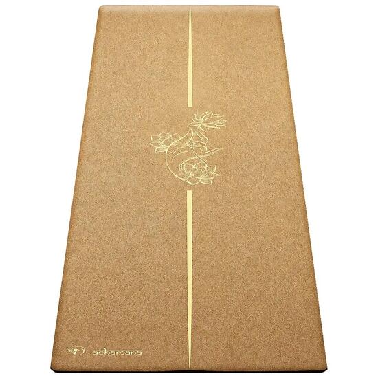 Tapis de yoga caoutchouc & liège 5mmx68cmx1,83m - Main de mudra vieil or