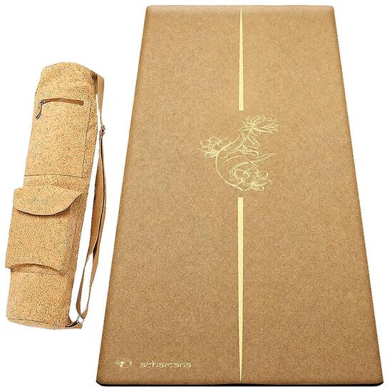 Tapis de yoga caoutchouc & liège 5mmx68cmx1,83m + sac liège - Main de mudra
