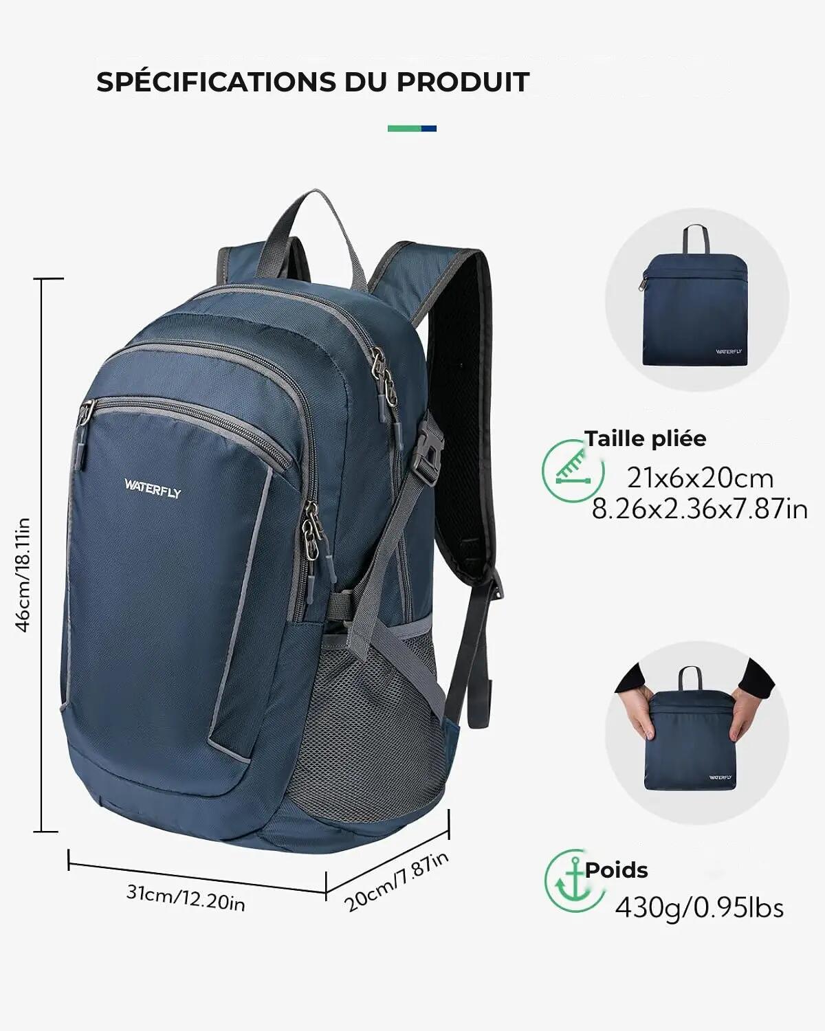 Sac à dos randonnée unisexe 28 L pliable ultraléger Bleu 2/3