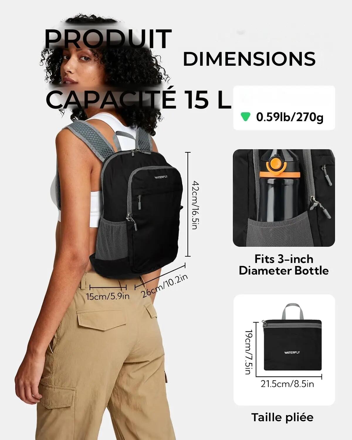 Sac à dos randonnée unisexe 15 L pliable ultraléger Noir 2/3