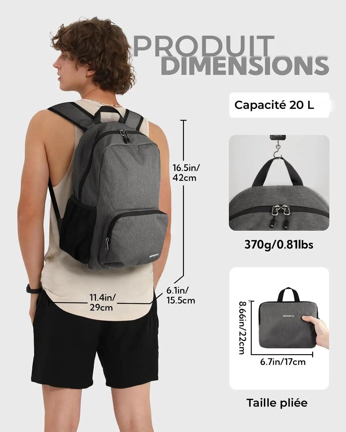 Sac à dos randonnée unisexe 20 L pliable Gris 2/3