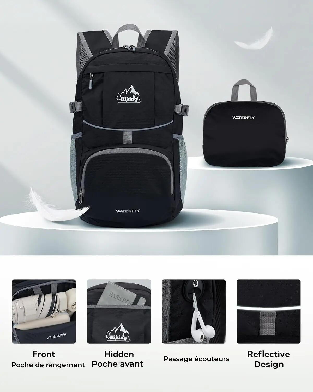 Sac à dos randonnée unisexe 25 L pliable ultraléger Noir 3/3