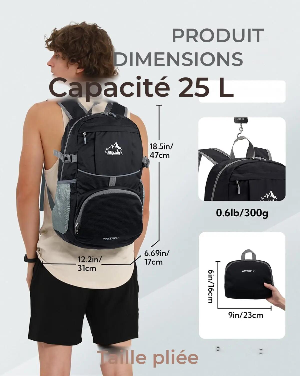 Sac à dos randonnée unisexe 25 L pliable ultraléger Noir 2/3