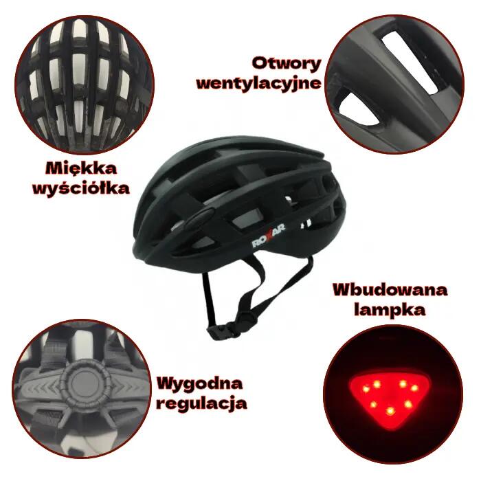 Kask rowerowy miejski / szosowy ROXAR STREET czarny matowy z wbudowaną lampką M 8/9
