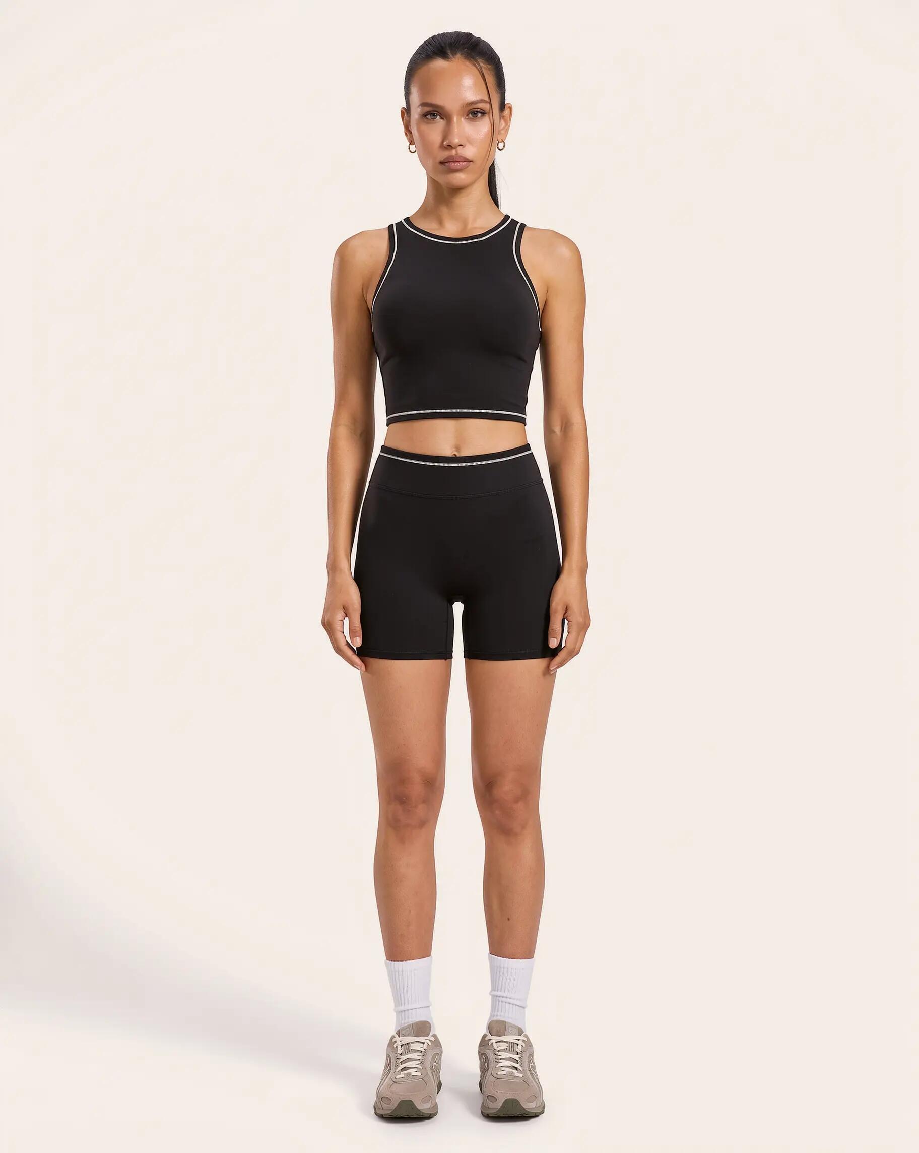 Reggiseno sportivo fitness donna collo alto crop top Varsity - Nero 5/8