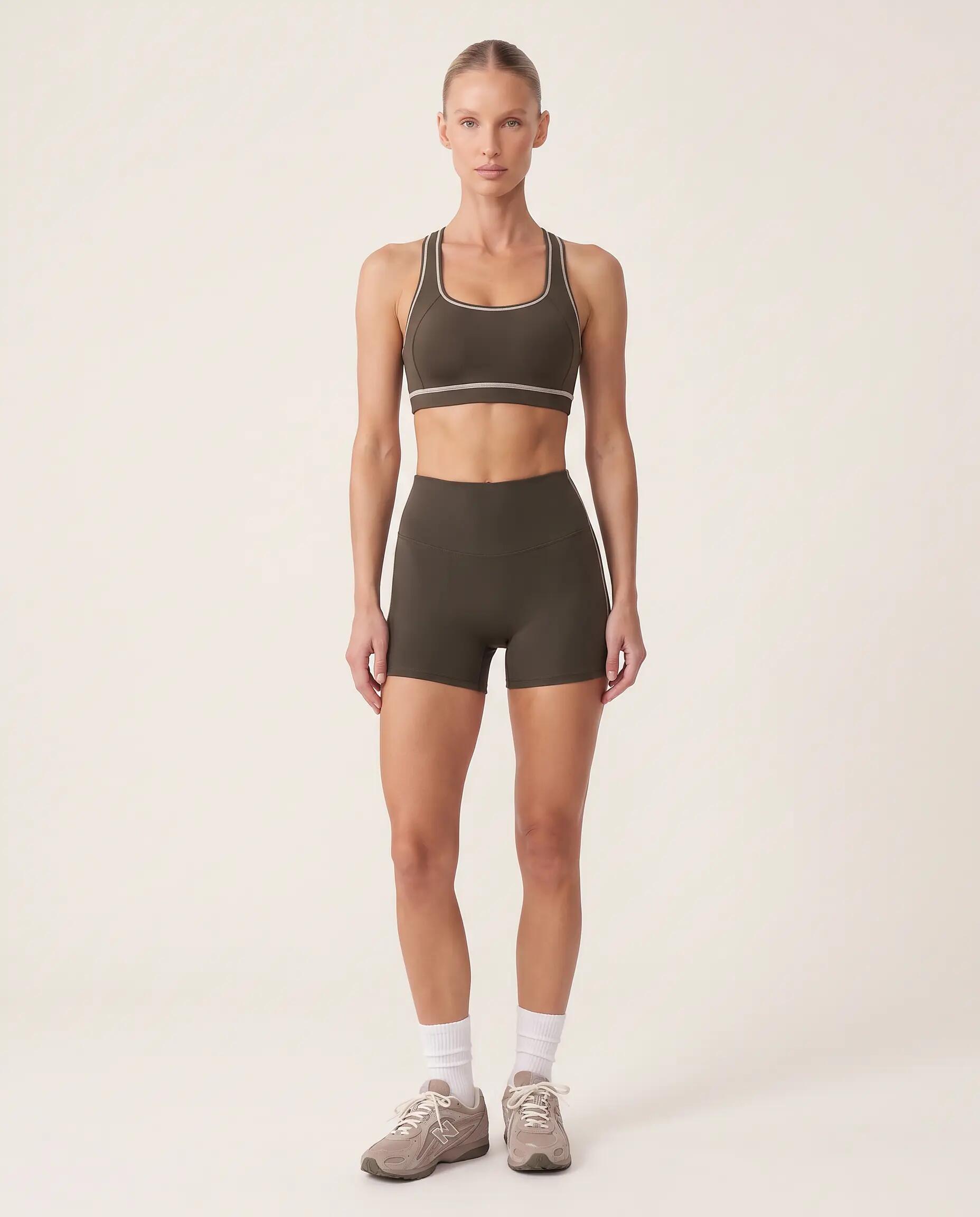 Damen Fitness Sport-BH Ringerrücken Kontrastpaspel Track - Braun 4/6