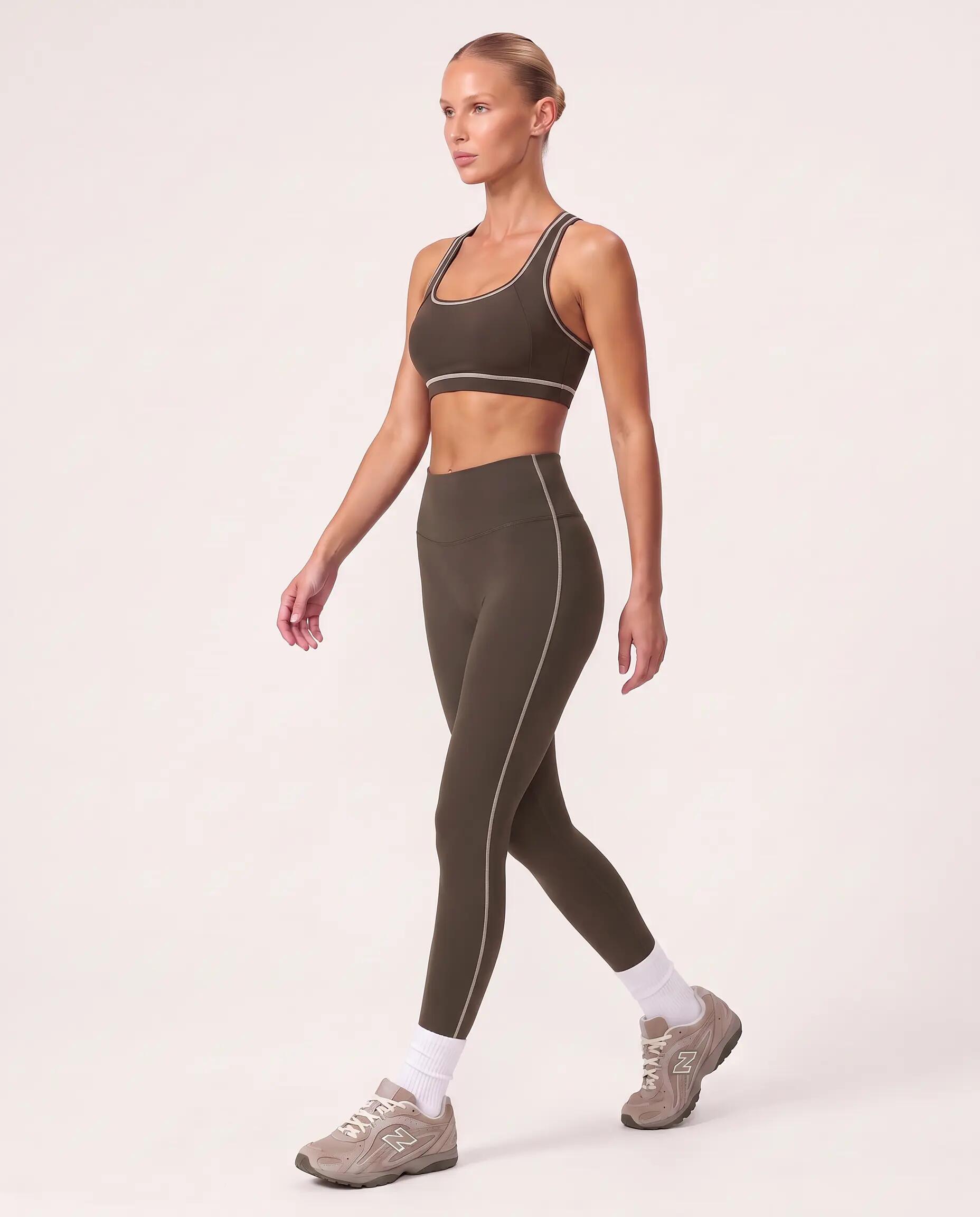 Leggings fitness mulher cintura alta risca lateral Track - Castanho 7/7