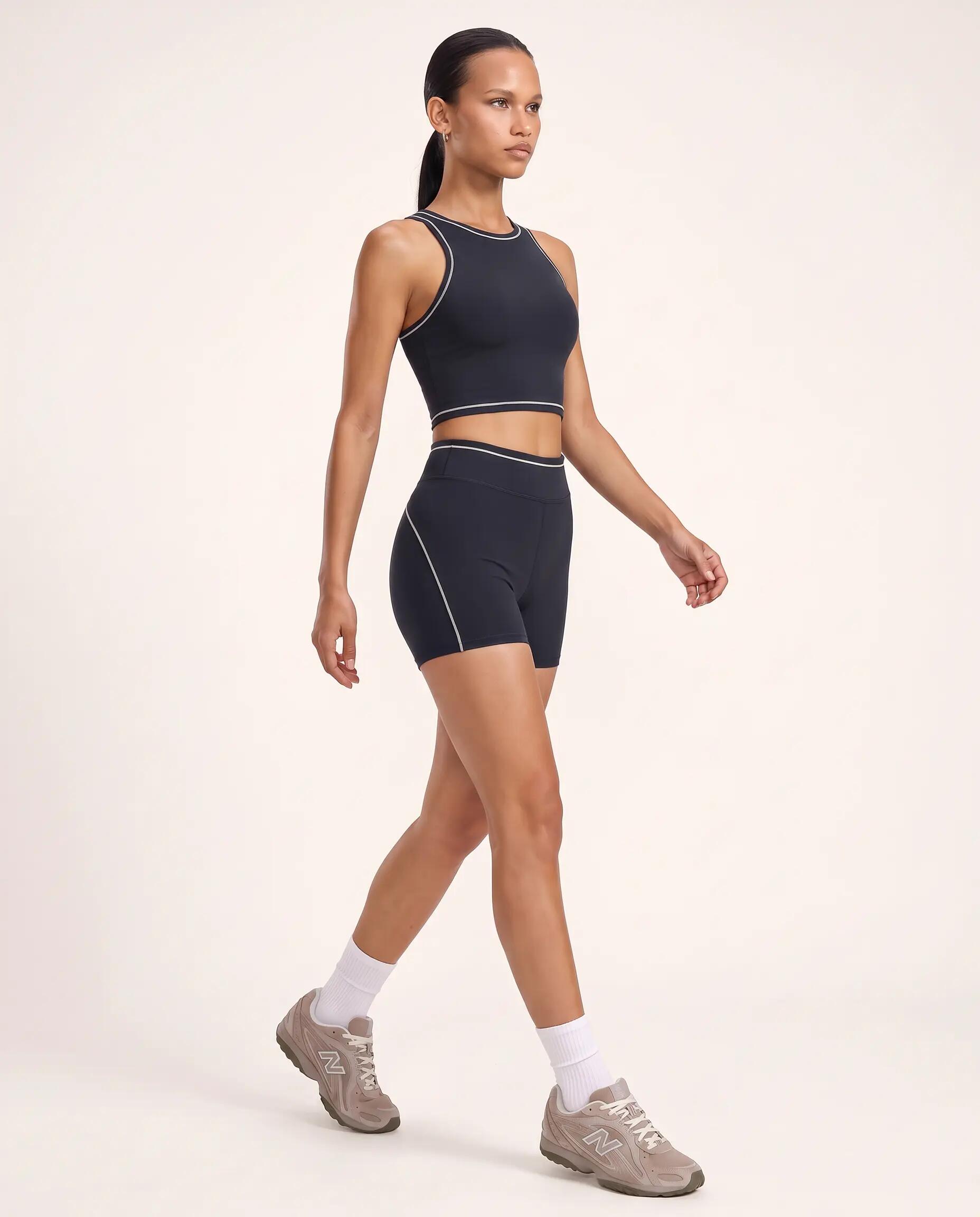 Calções desportivos fitness mulher cintura alta debrum Varsity - Preto 7/7
