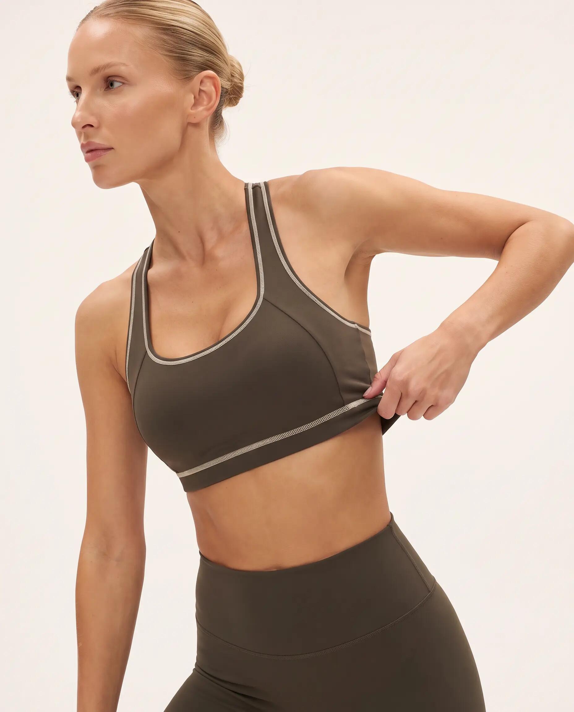 Damen Fitness Sport-BH Ringerrücken Kontrastpaspel Track - Braun 3/6