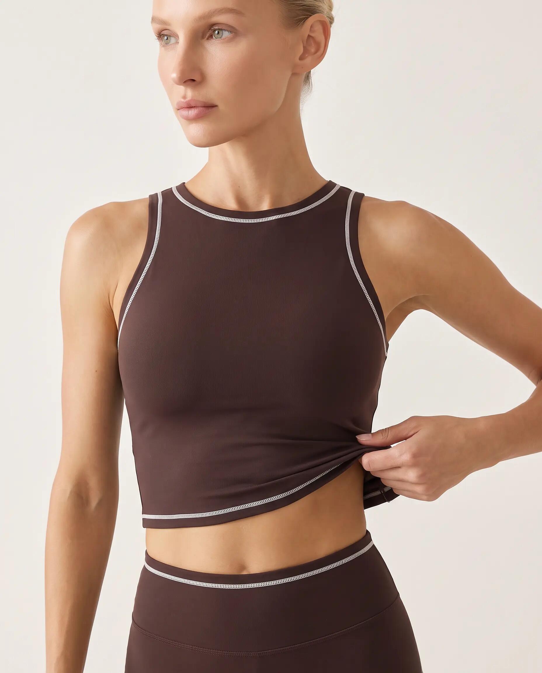 Reggiseno sportivo fitness donna collo alto crop top Varsity - Marrone scuro 3/8