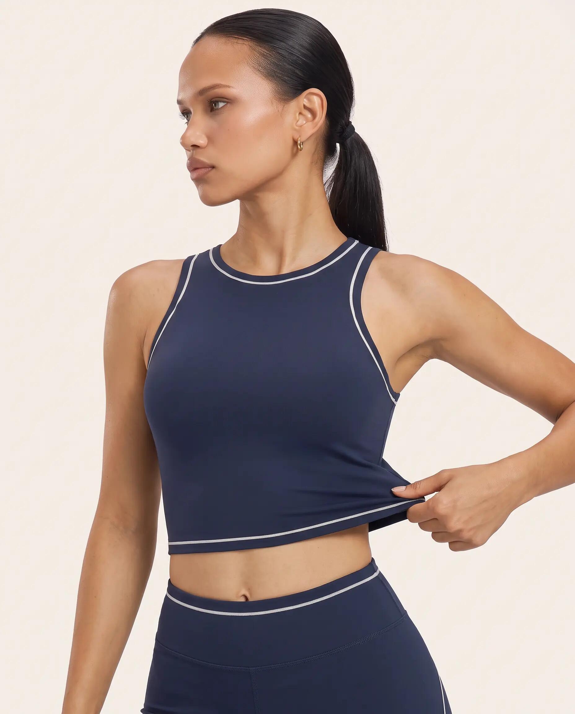 Reggiseno sportivo fitness donna collo alto crop top Varsity - Blu notte 4/8