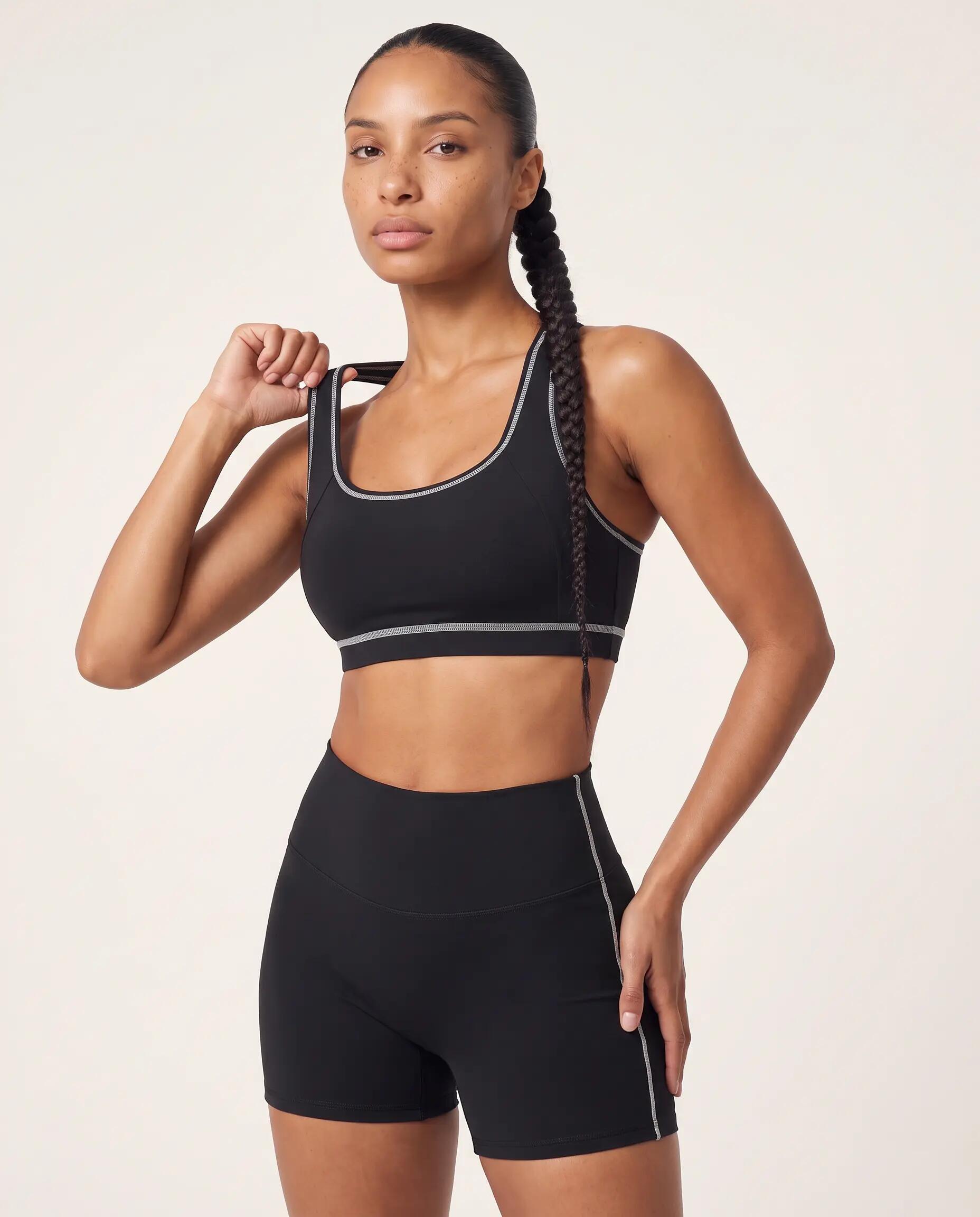 Brassière de sport fitness femme dos nageur liseré contrasté Track - Noir 8/8