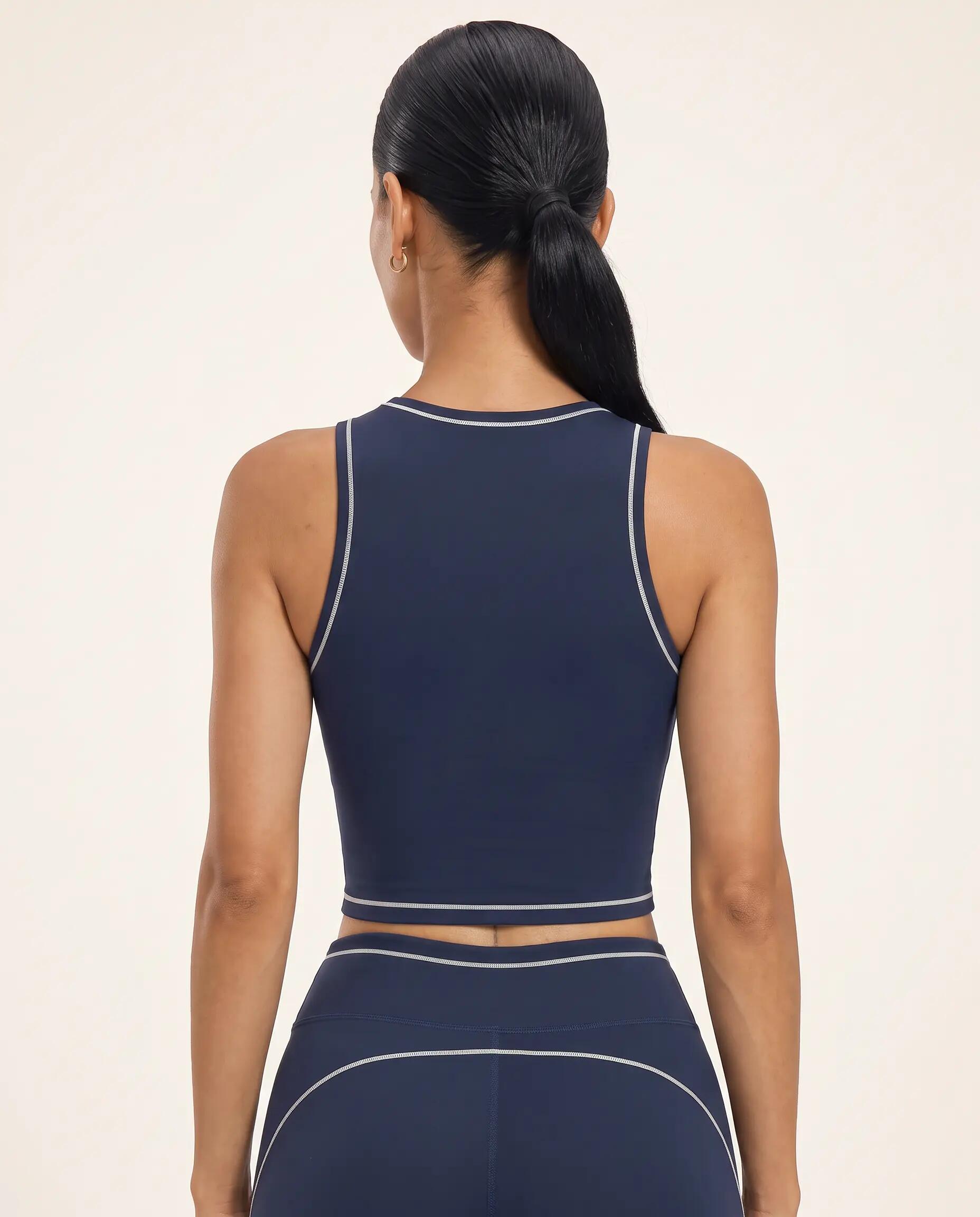 Reggiseno sportivo fitness donna collo alto crop top Varsity - Blu notte 3/8