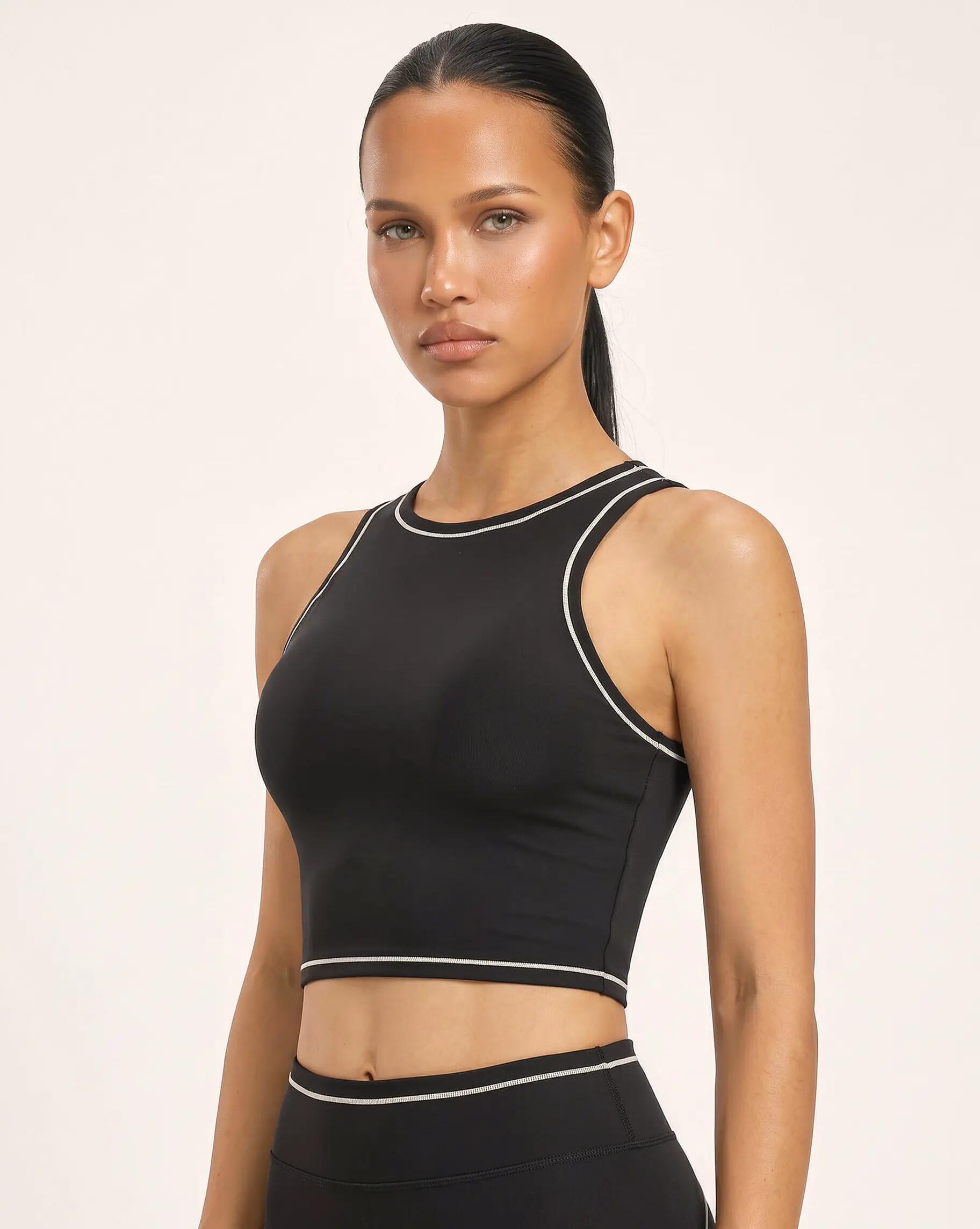 Reggiseno sportivo fitness donna collo alto crop top Varsity - Nero 3/8