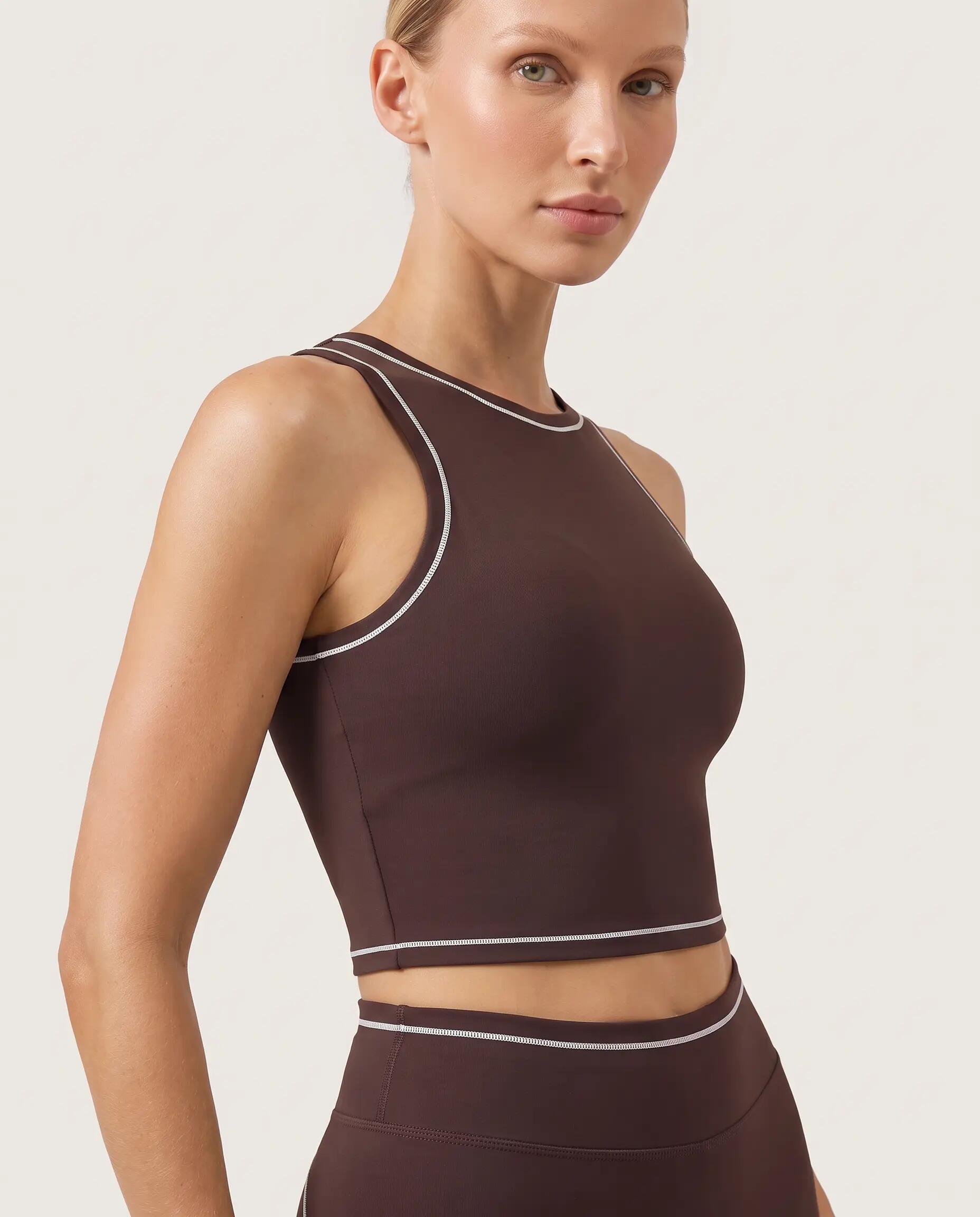 Reggiseno sportivo fitness donna collo alto crop top Varsity - Marrone scuro 2/8