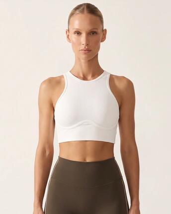 Brassière de sport yoga femme côtelée col montant dos nageur Softrib - Blanc