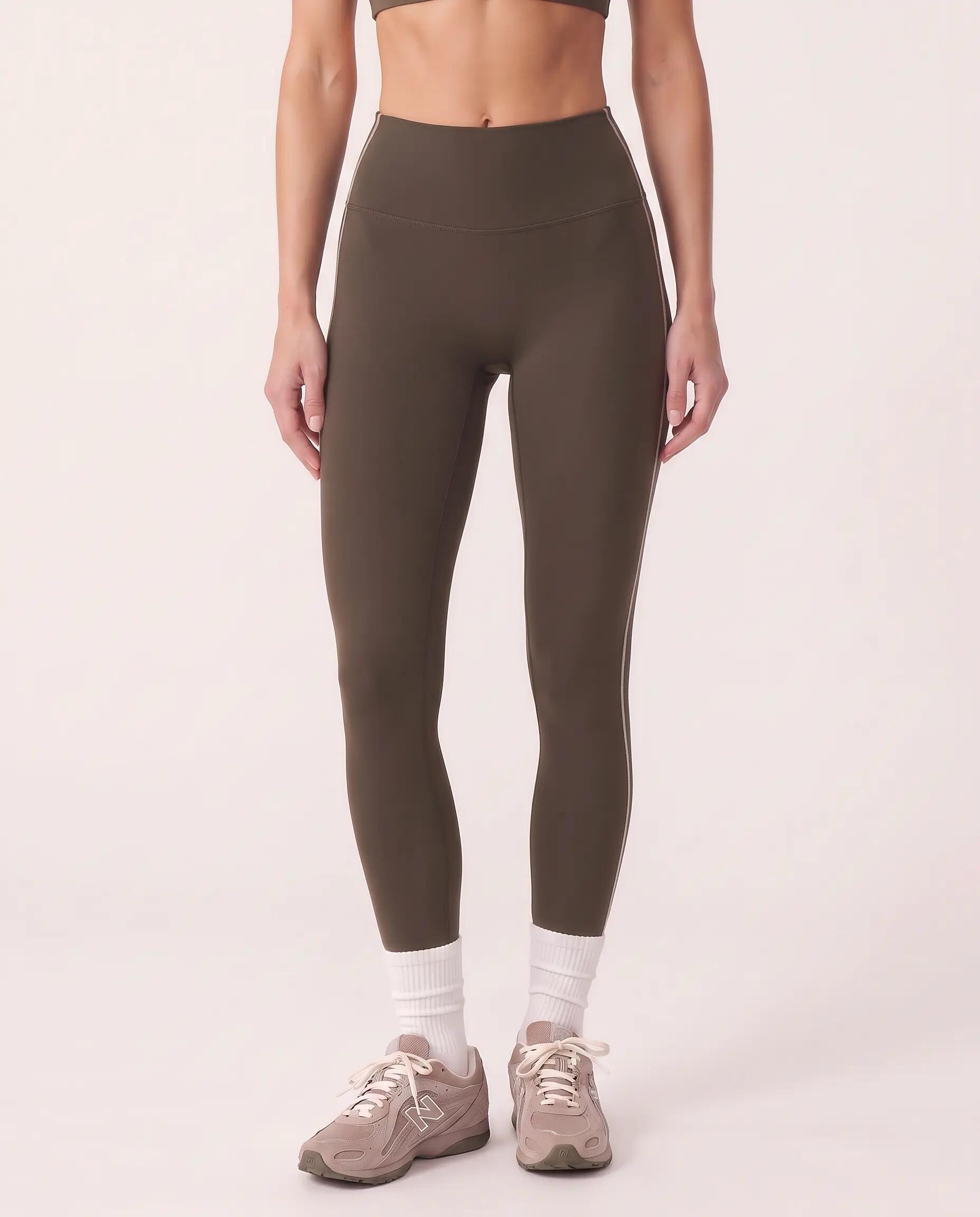 Leggings fitness mulher cintura alta risca lateral Track - Castanho 3/7