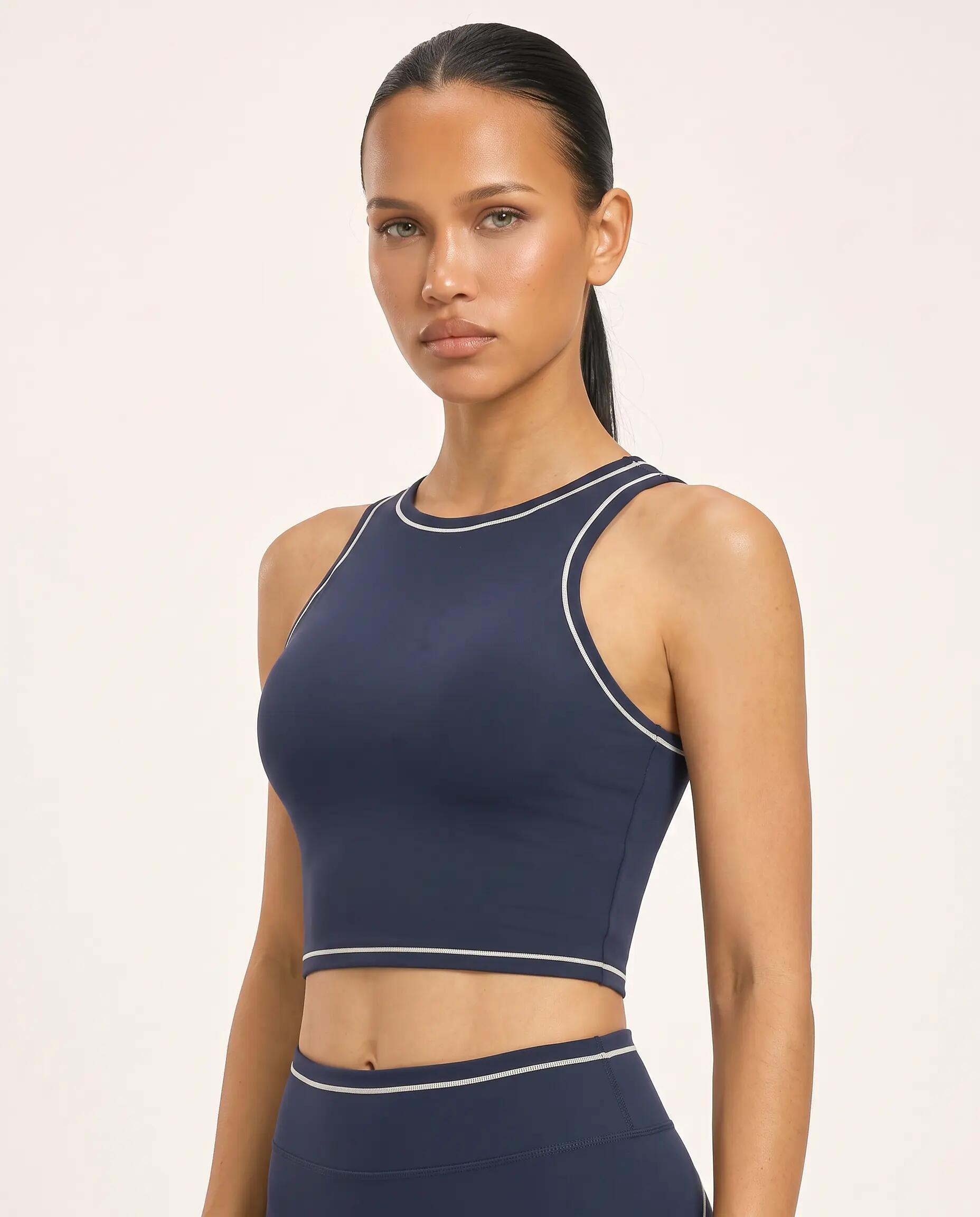 Reggiseno sportivo fitness donna collo alto crop top Varsity - Blu notte 2/8