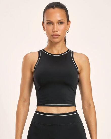 Brassière de sport fitness femme col haut crop top piping Varsity - Noir