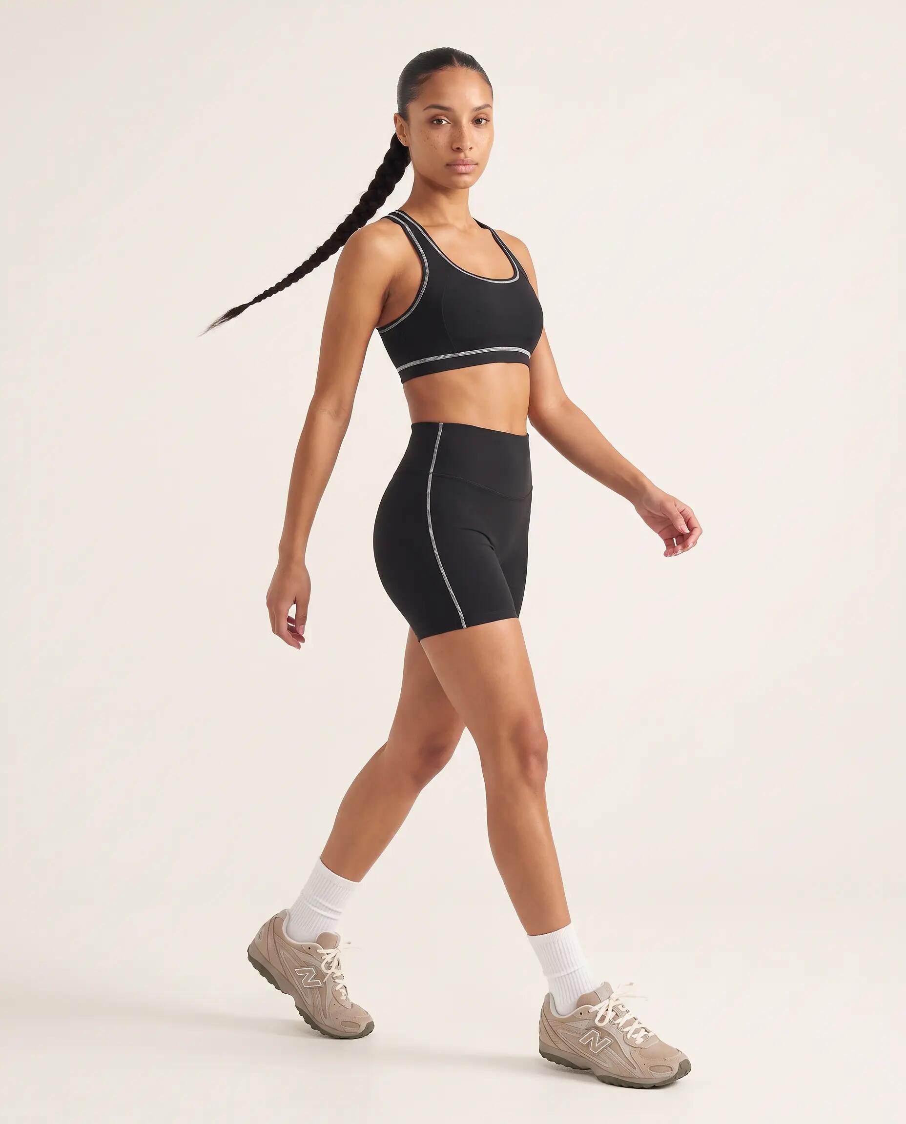 Brassière de sport fitness femme dos nageur liseré contrasté Track - Noir 7/8