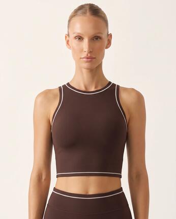 Brassière de sport fitness femme col haut crop top piping Varsity - Bleu nuit