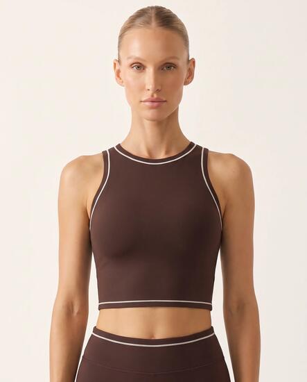 Brassière de sport fitness femme col haut crop top piping Varsity - Marron foncé