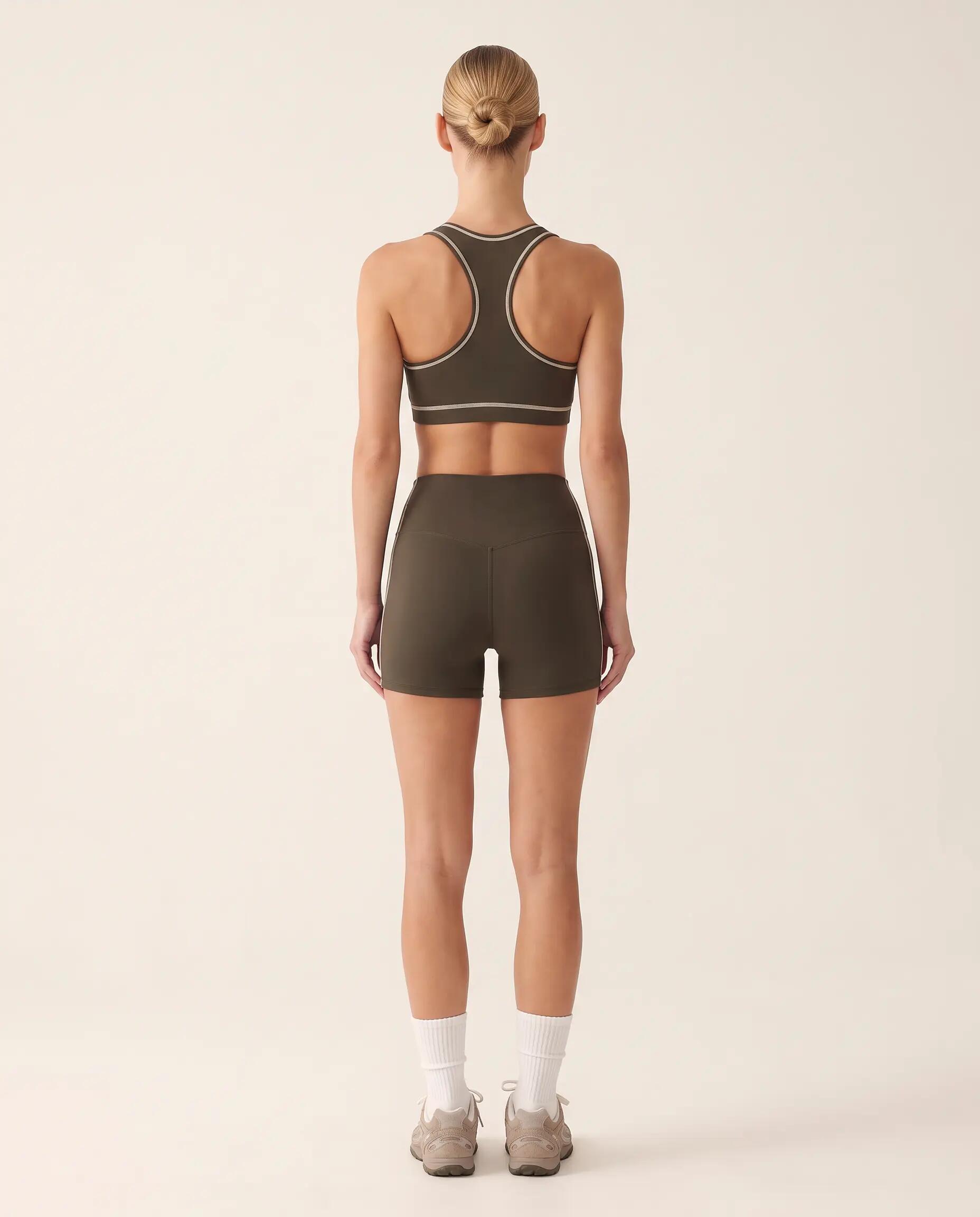 Shorts sportivi fitness donna vita alta metà coscia Track - Marrone 6/7