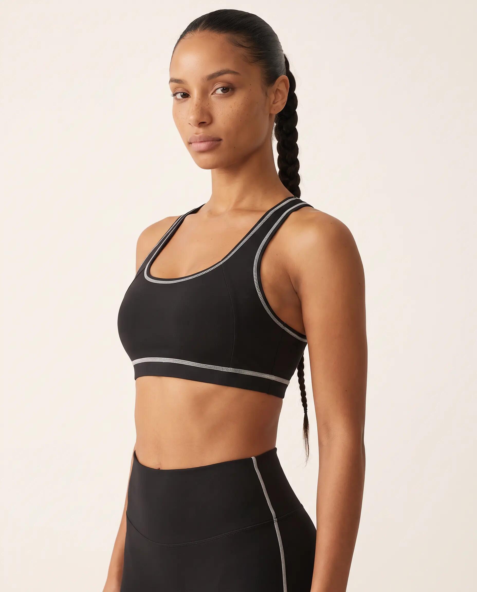 Brassière de sport fitness femme dos nageur liseré contrasté Track - Noir 2/8