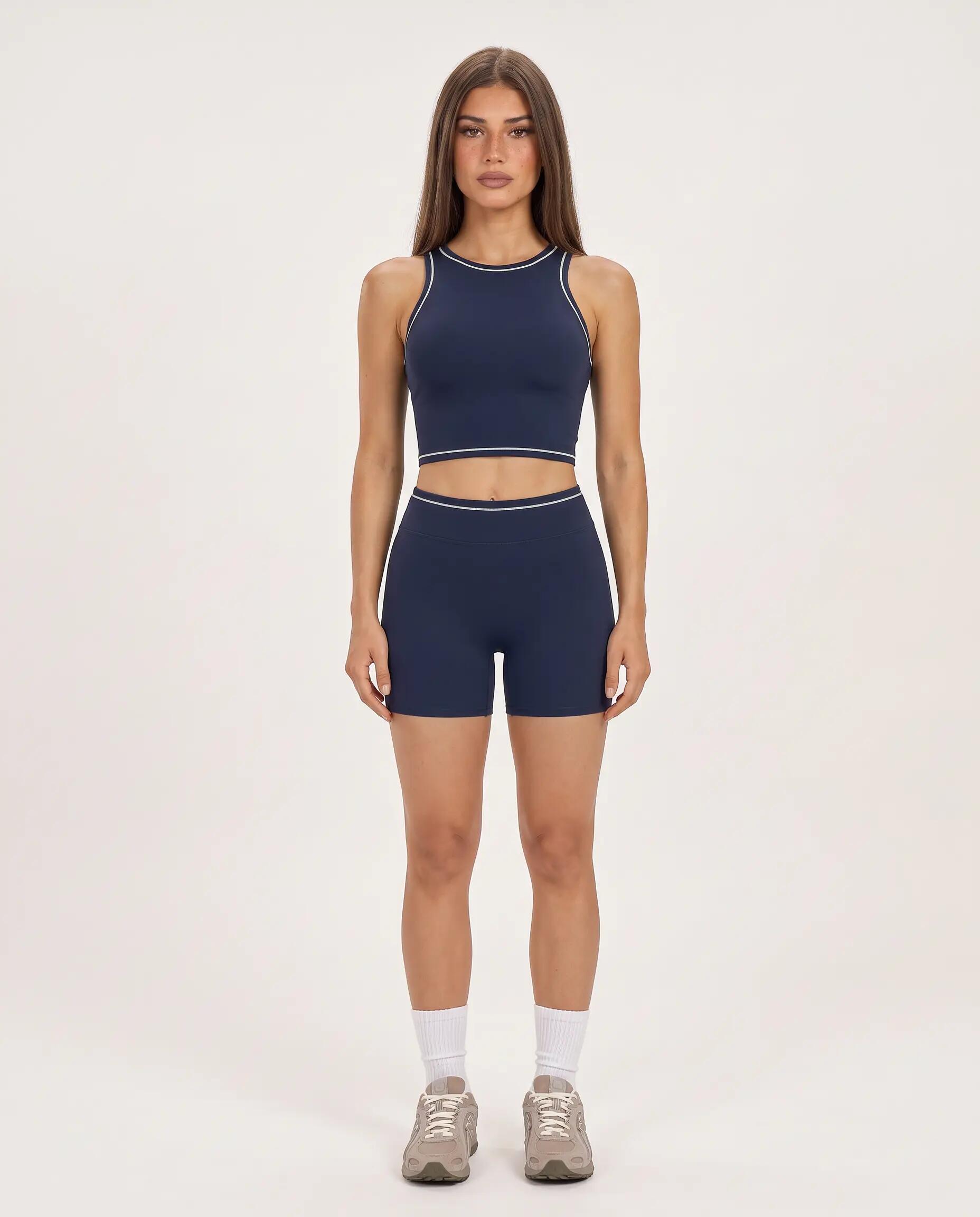 Short de sport fitness femme taille haute piping Varsity - Bleu nuit 4/7