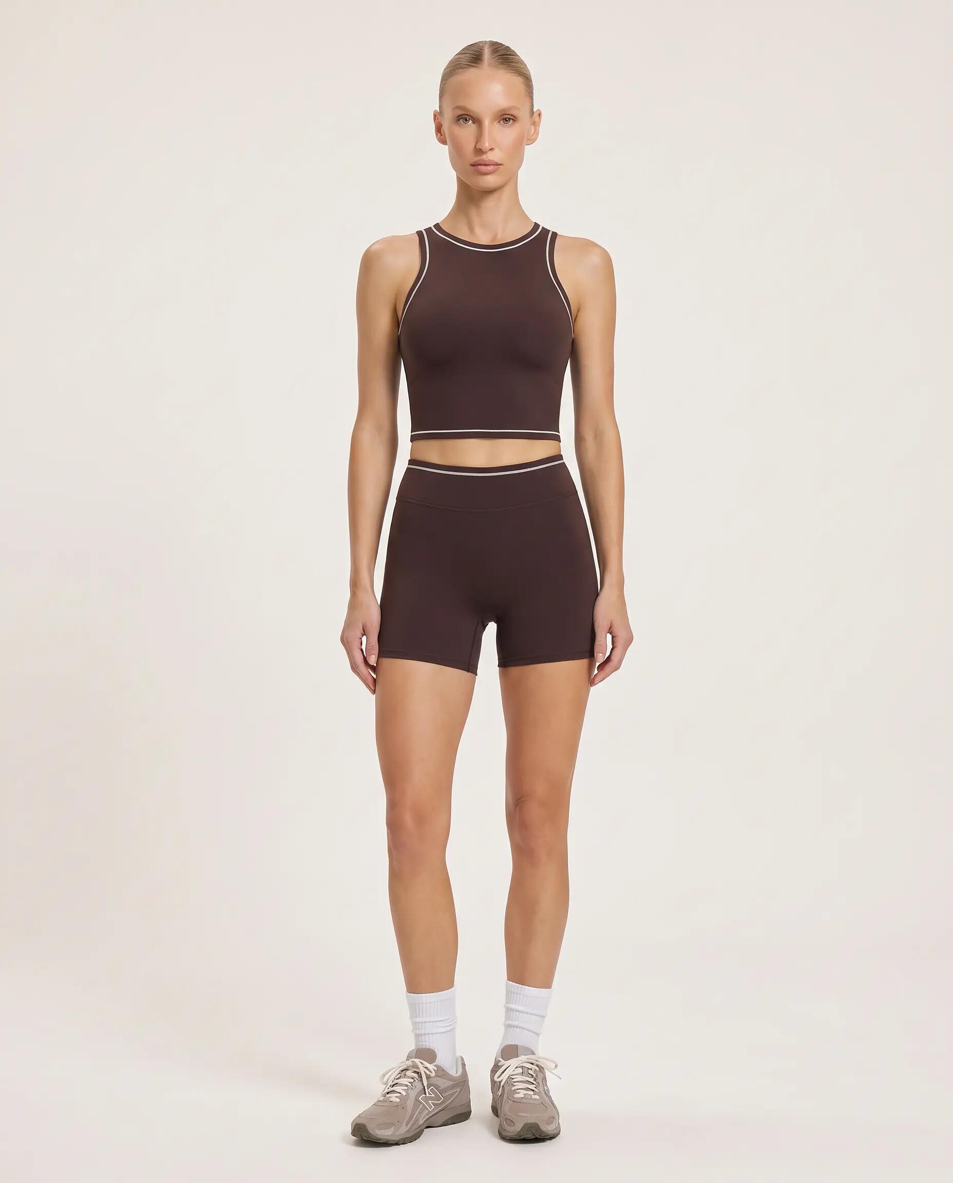 Short de sport fitness femme taille haute piping Varsity - Marron foncé 4/6