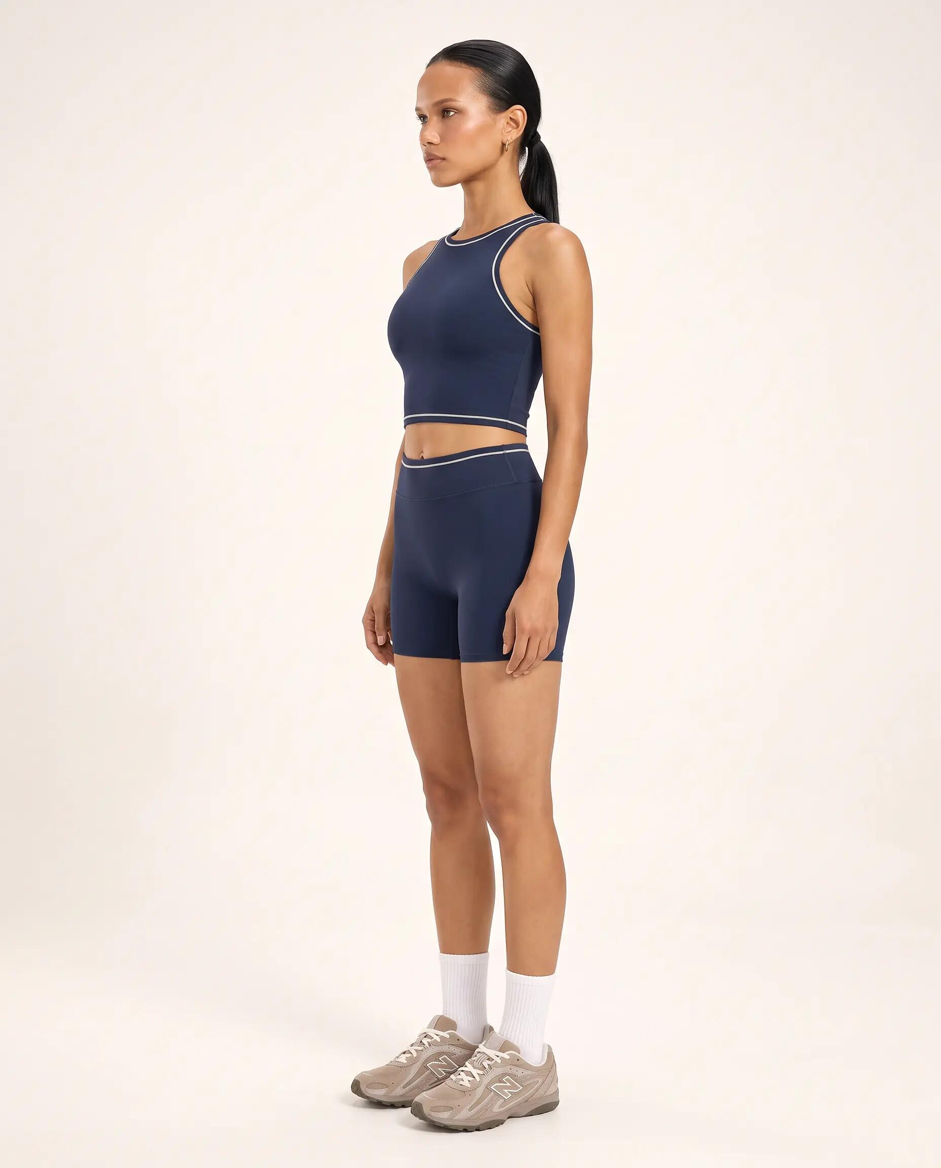 Reggiseno sportivo fitness donna collo alto crop top Varsity - Blu notte 7/8