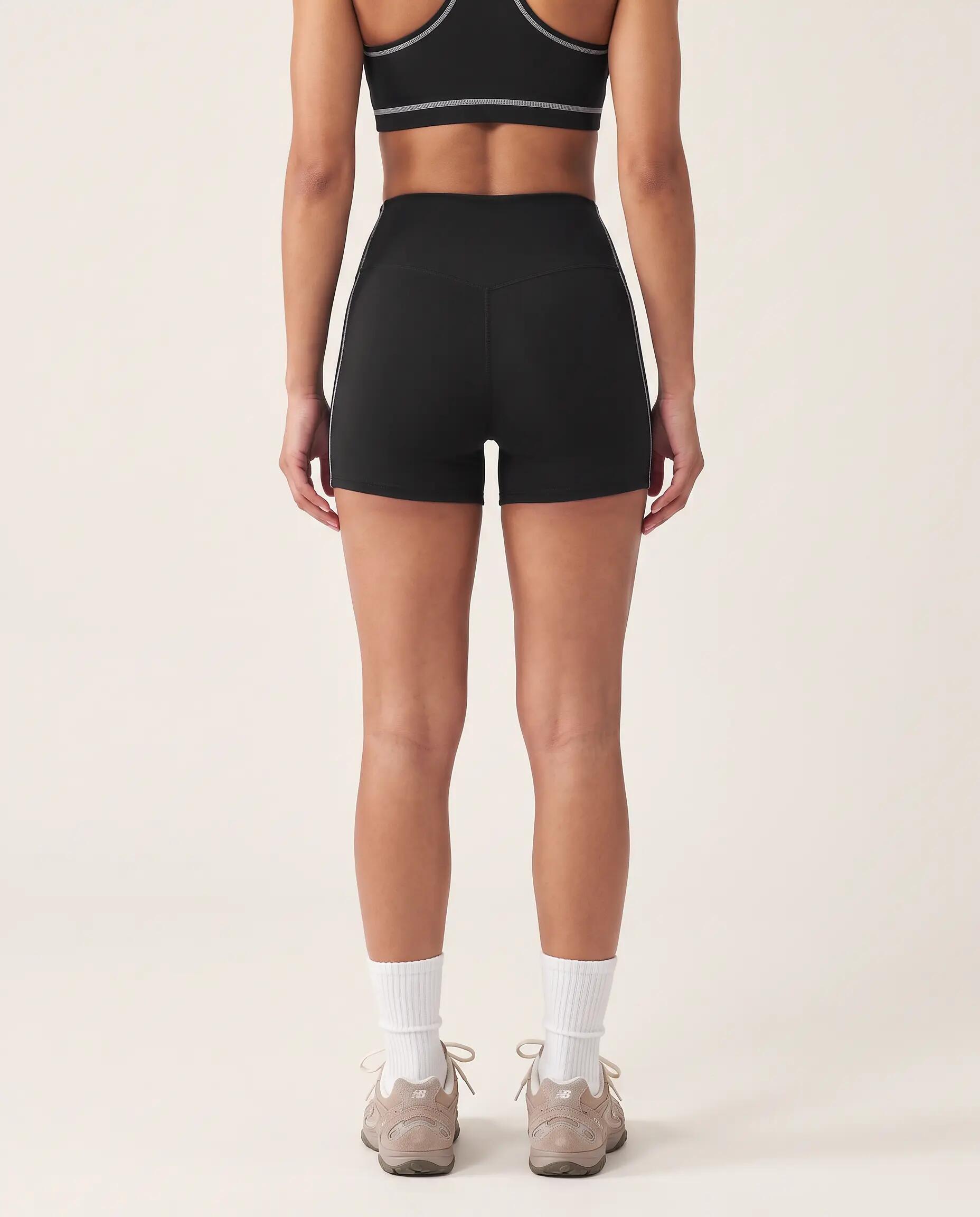 Damen Fitness Shorts hoher Bund mittellang Kontrastpaspel Track - Schwarz 3/8