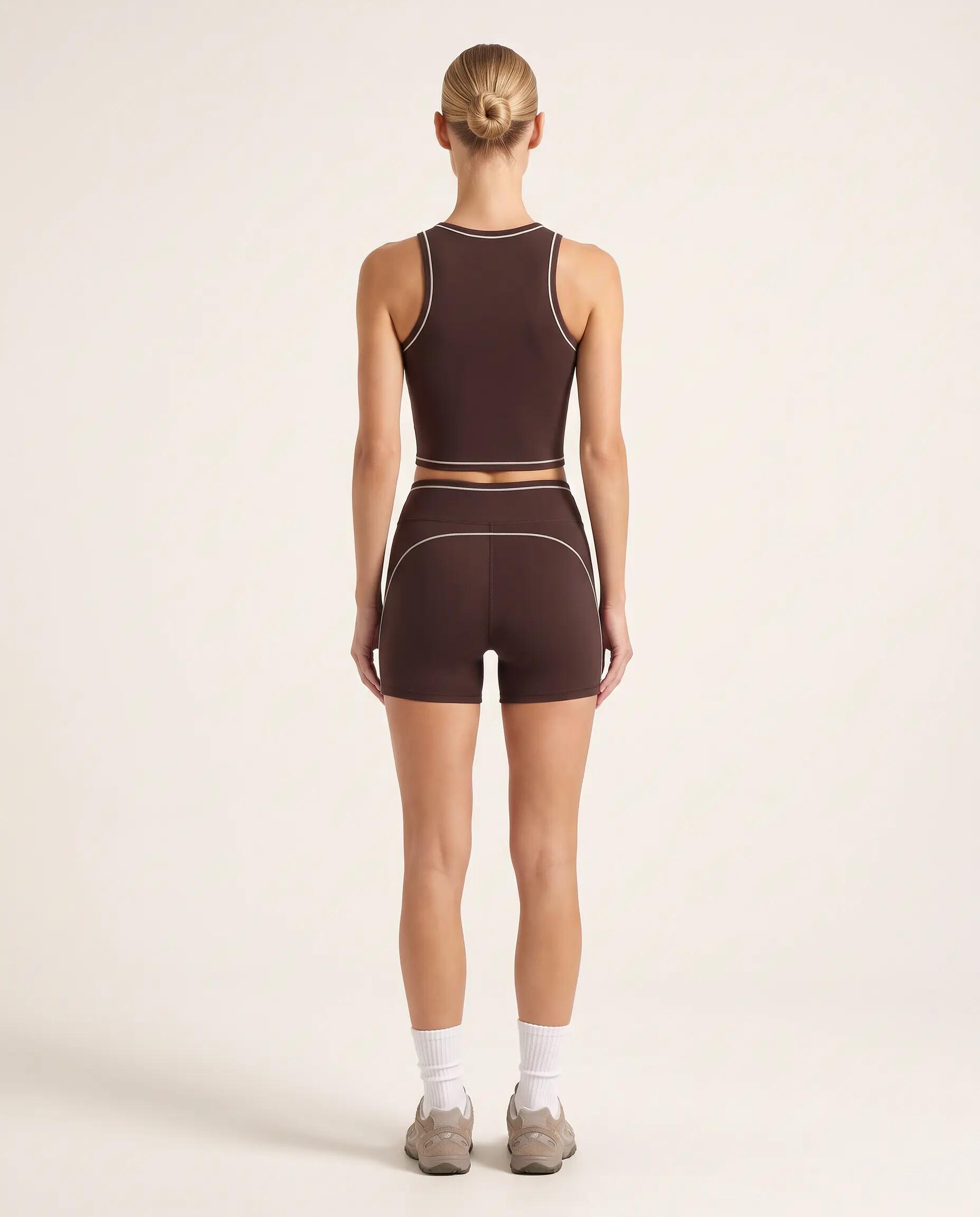 Short de sport fitness femme taille haute piping Varsity - Marron foncé 6/6