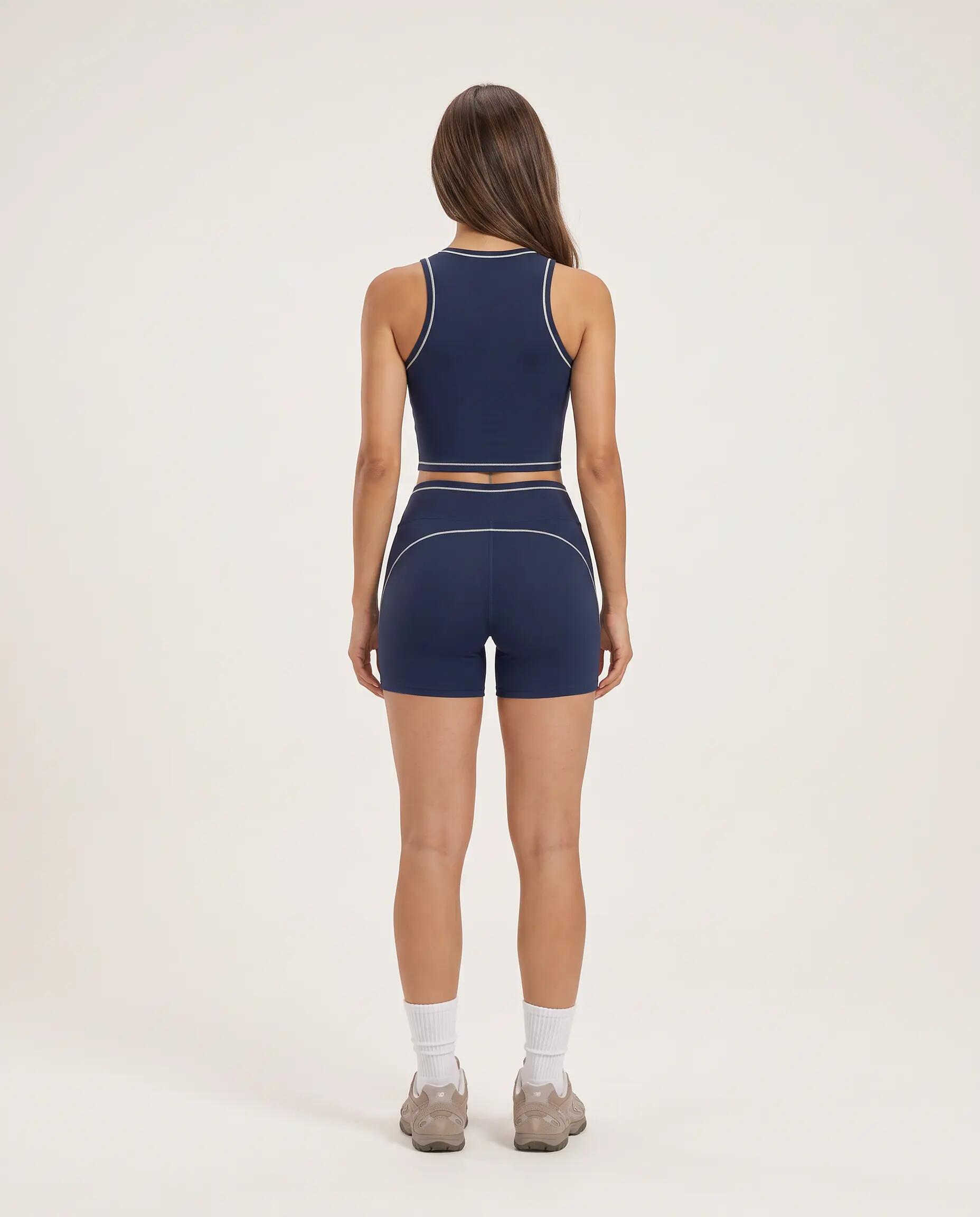 Short de sport fitness femme taille haute piping Varsity - Bleu nuit 6/7